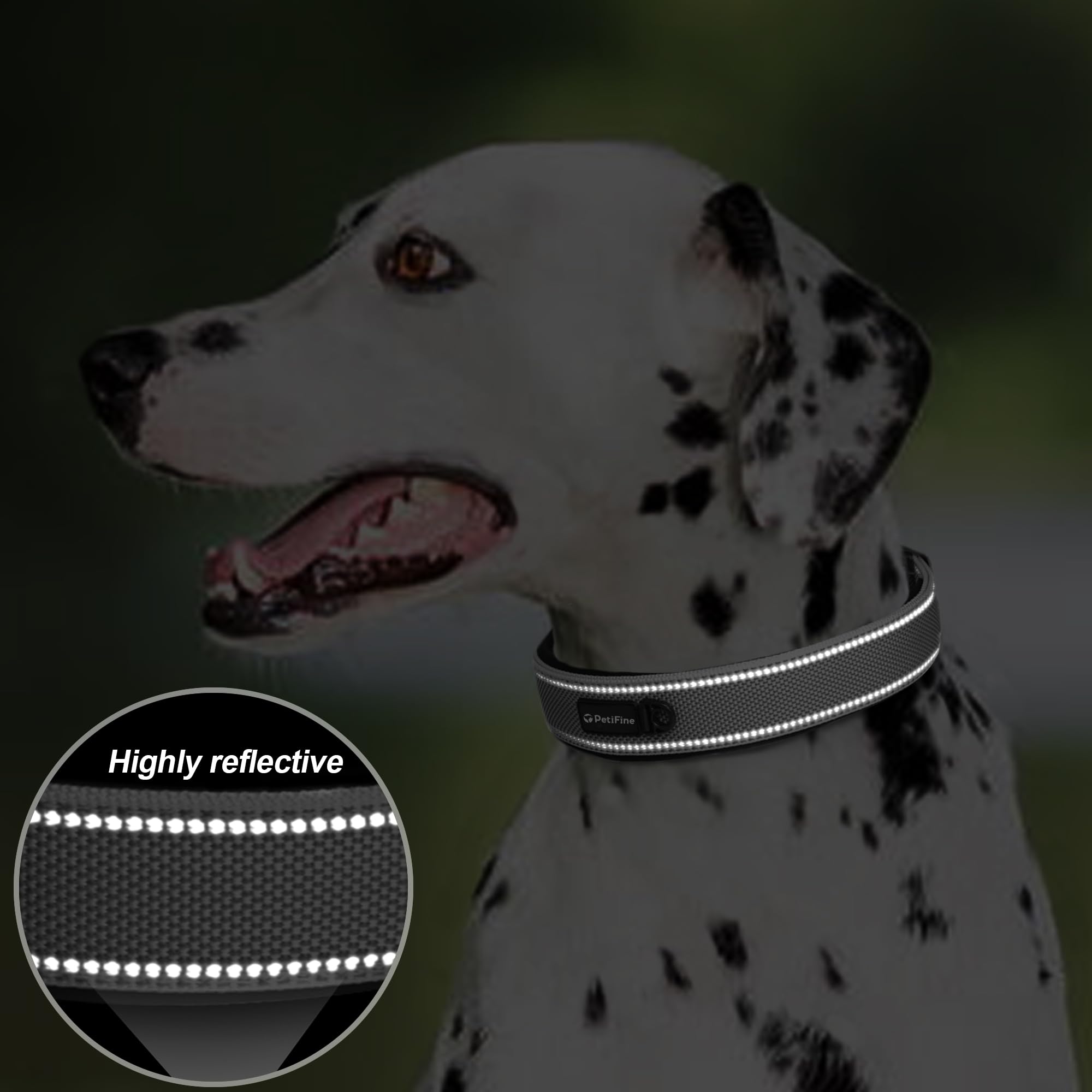 Petifine Neoprene Padded Dog Collar, Heavy Duty Comfort Dog Collar With Durable Metal Buckle, Reflective Adjustable Belt Buckle Dog Collars For Small Medium Large Dogs(11?14.5? Grey)