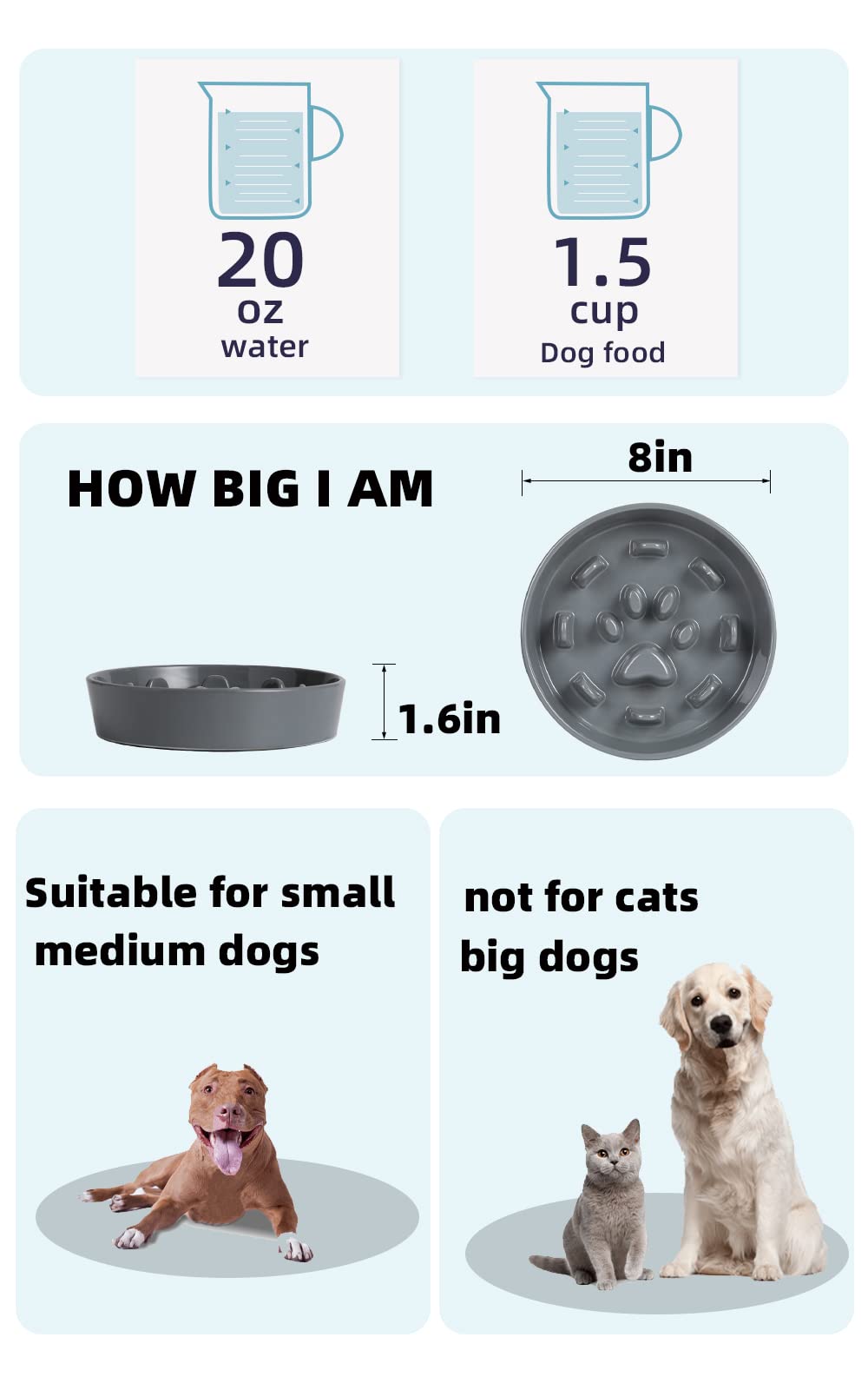 Slow Feeder Dog Bowls, Ceramic Fun Slow Eater Bowl For Small Medium Breed (Grey)