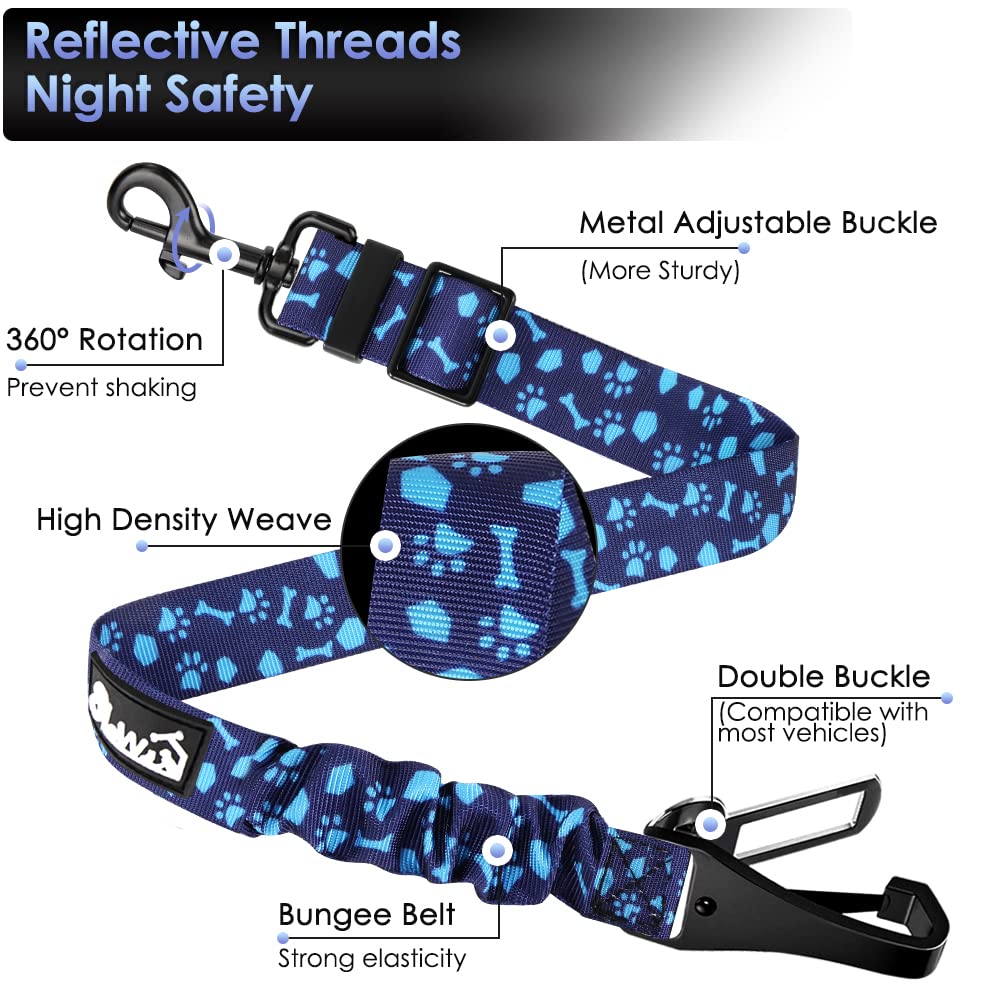 Slowton Dog Seat Belt, Adjustable Dog Safety Belt Leash, 2 In 1 Latch Bar Attachment Dog Car Seatbelt With Elastic Nylon Bungee Buffer, Reflective Nylon Belt Tether Connect To Dog Harness (Bl Dog Paw)