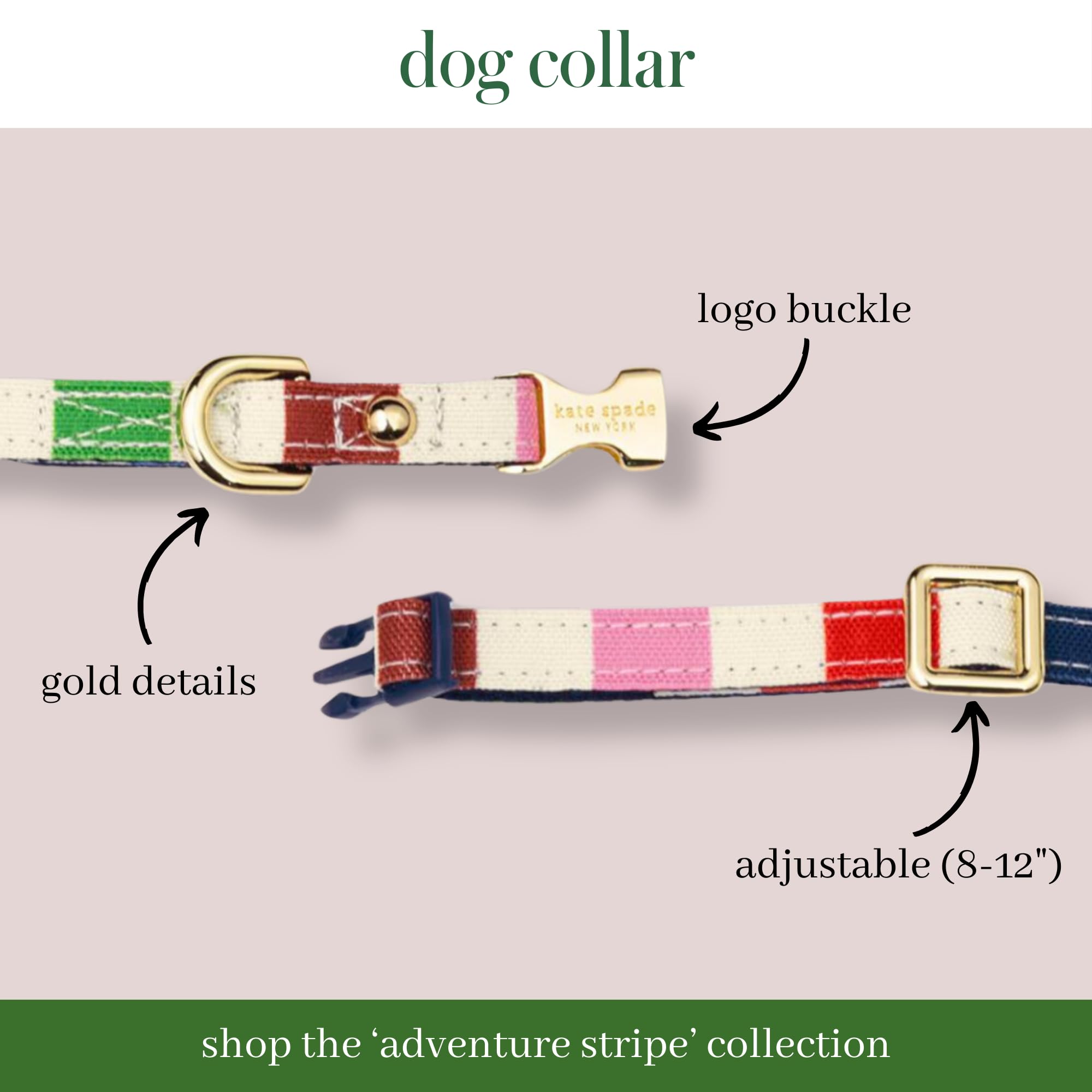 Kate Spade New York Cute Dog Collar With Gold Metal Buckle, Adjustable Collar For Female Or Male Extra Small Dogs (Adventure Str
