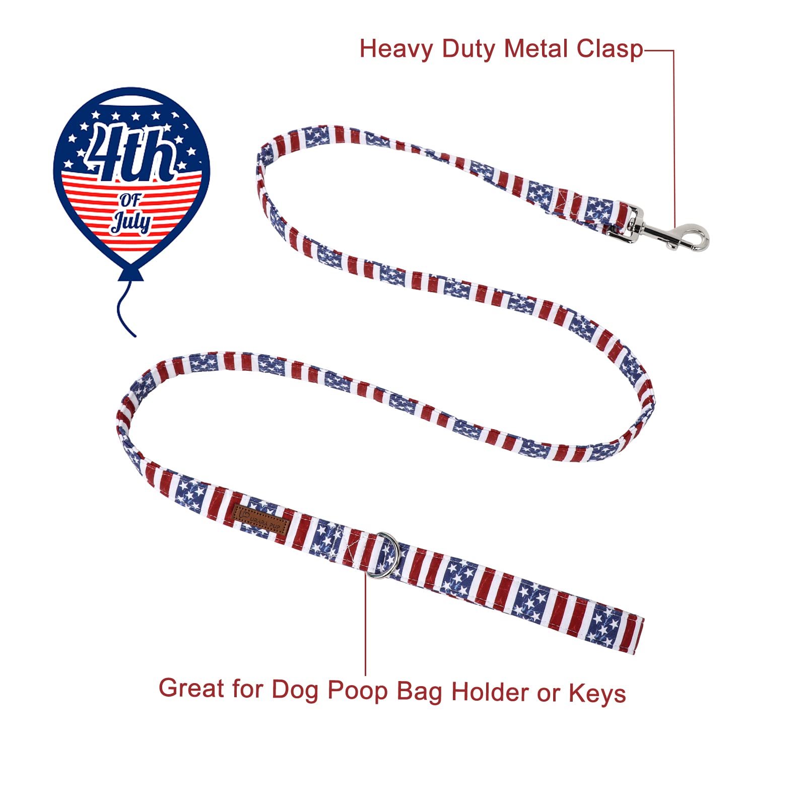 Up Urara Pup Patriotic Dog Collar & Leash - American Flag, Sturdy & Durable Cotton, Match 4Th Of July, Fits Small To Large Dogs