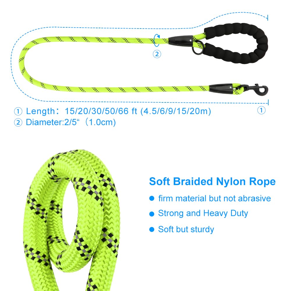 Plutus Pet Long Rope Dog Leash, With Comfortable Padded Handle, Reflective Nylon Heavy Duty Rope Leash, 15Ft 20Ft 30Ft 50Ft 66Ft Dog Training Leash For Small Medium Large Dogs (50Ft, Green)