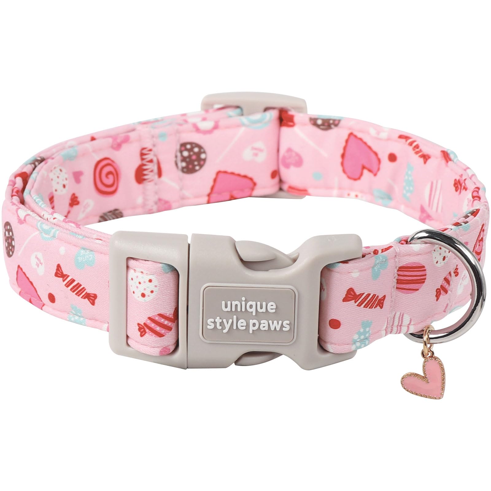 Unique Style Paws Valentine'S Dog Collar - Heart Love Cotton Collar With Plastic Buckle, Adjustable Candy Lollipop Design, Cute 