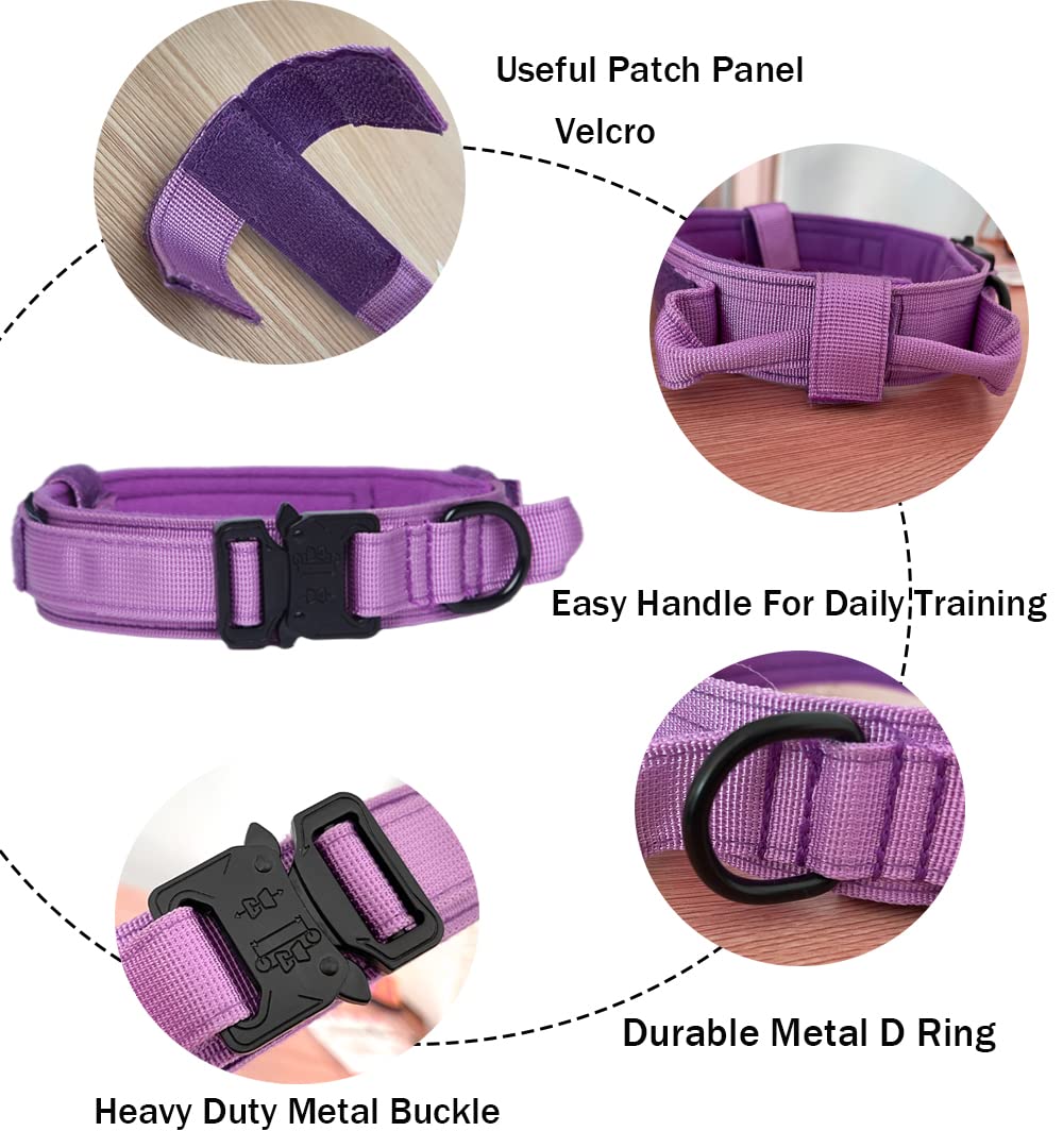Tactical Dog Collar Military Dog Collar Adjustable Nylon Dog Collar Heavy Duty Metal Buckle With Handle For Dog Training (Purple,S)