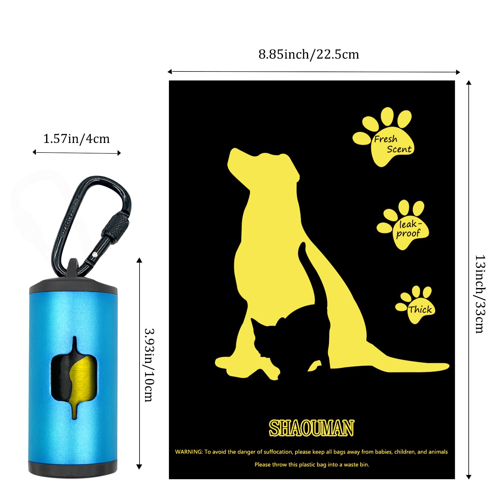 Metal Dog Poop Bags Holder|Aluminum Poop Bags Dispenser With 30 Black Pet Waste Bags 3 Leash Clasp And Elastic Rope