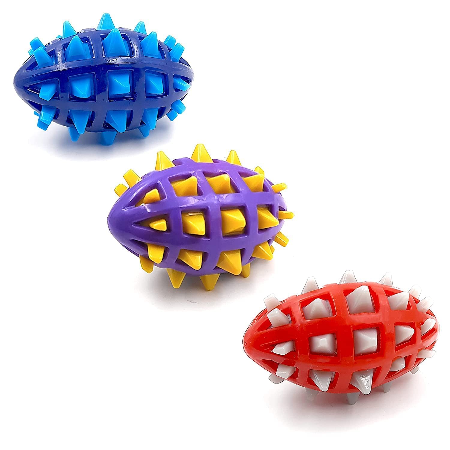 RvPaws Spiky Rugby Ball Squeaky Rubber Chew Toy for Dogs  Ideal for Teething Puppies & Dog Play Sessions