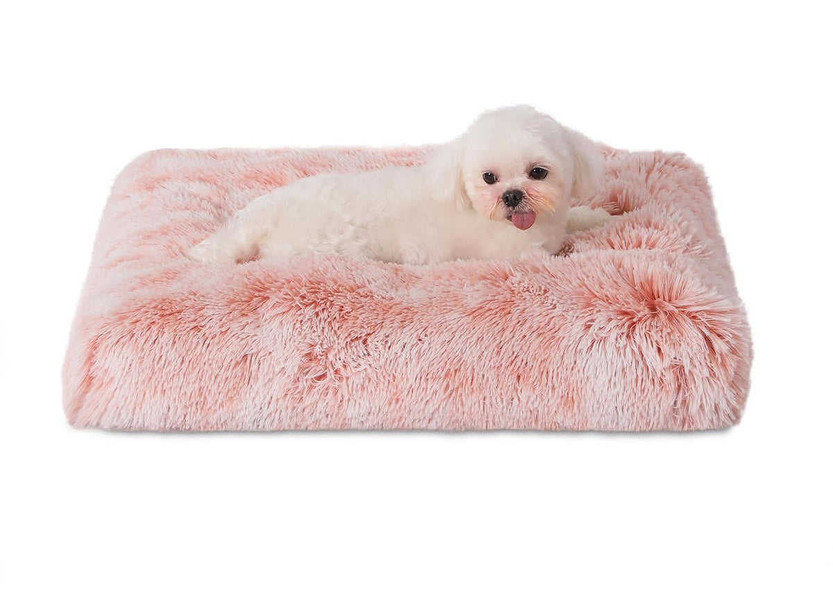 Bedfolks Waterproof Crate Bed, Plush Dog & Cat Bed With Washable Cover, Faux Fur Kennel Pad, 17''X12'', Pink