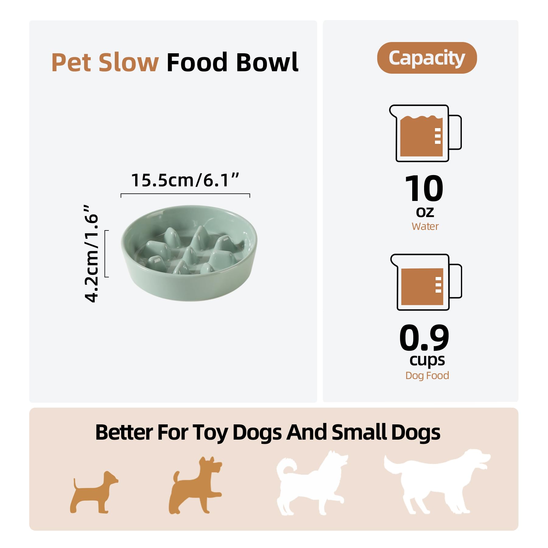 Havniva Ceramic 0.9 Cup Dog Bowl Slow Feeder, 6.1inch Slow Pet Food Dish for Small Dog and Cat, Stop Bloat, Preventing Choking(S