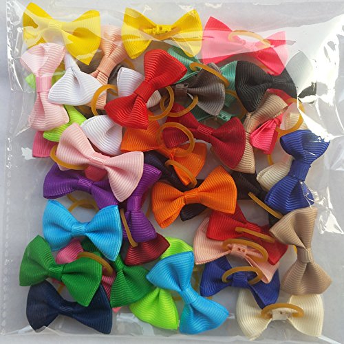 Chenkou Craft New 40Pcs(20Pairs) Puppy Yorkie Dog Hair Bow Pure Ribbon With Rubber Band 40Mm Pet Grooming Products Mix Colors Varies Patterns Pet Hair Bows (Pure Ribbon Rubber Bow)