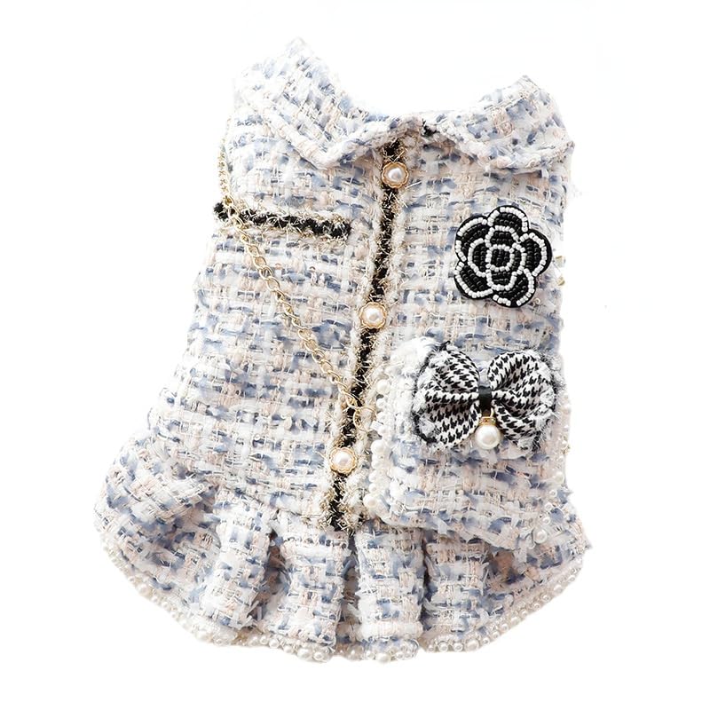 Aza Dog Princess Dresses For Small Dogs Lolita Clothes Tweed Costume White Pet Girl Cute Coat Outfits Fall Costumes (L,Blue)