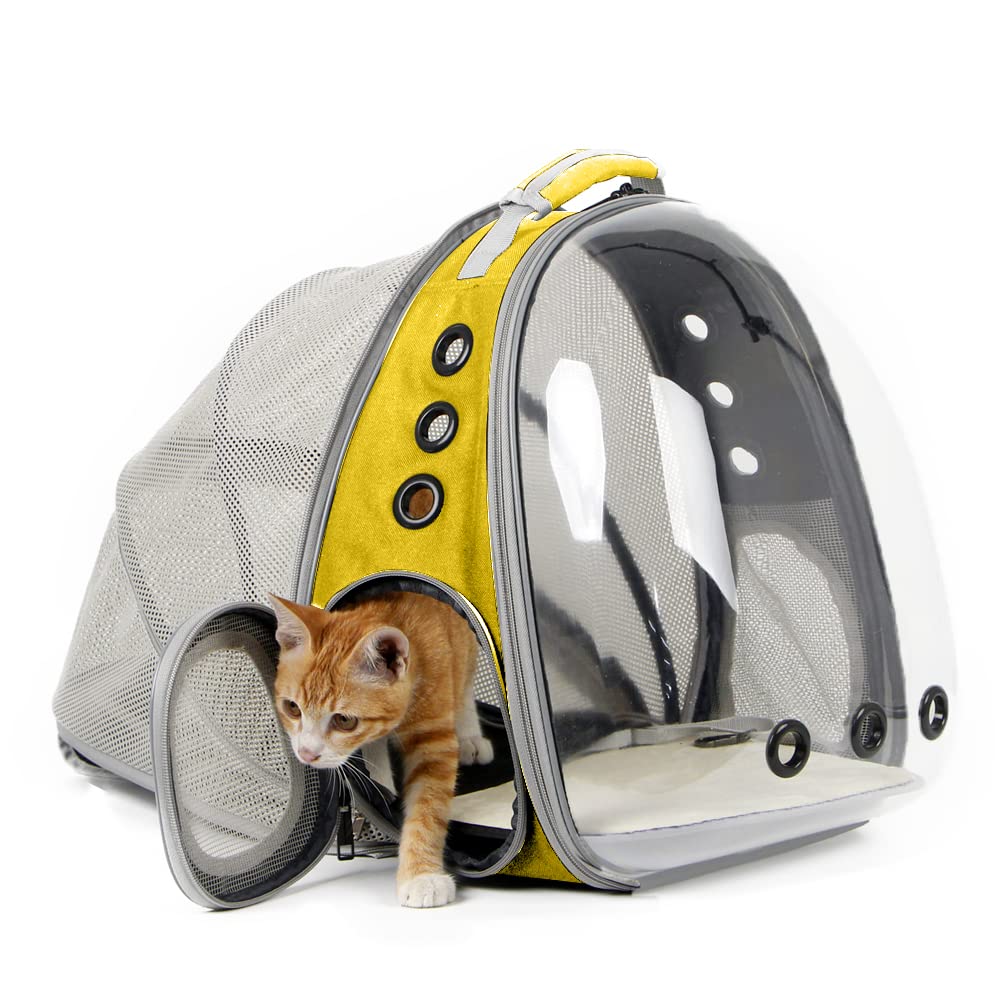 Expandable Cat Backpack Carrier, Fit Up To 20 Lbs, Space Capsule Astronaut Bubble Window Pet Backpack For Large Cat And Small Puppy (Yellow, Dual Extension)