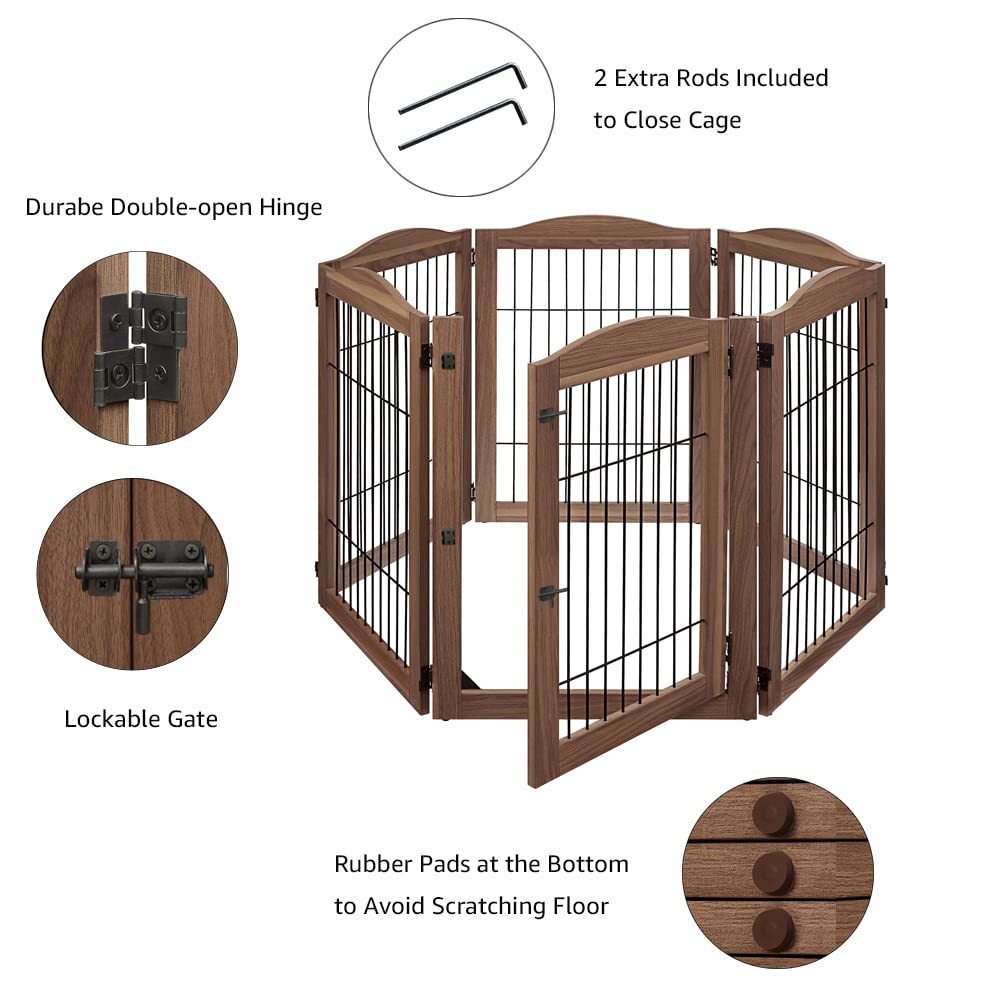 unipaws Pet Playpen with Wood and Wire, 6 Panels Extra Wide Freestanding Walk Through Dog Gate with 5 Support Feet, Foldable Sta