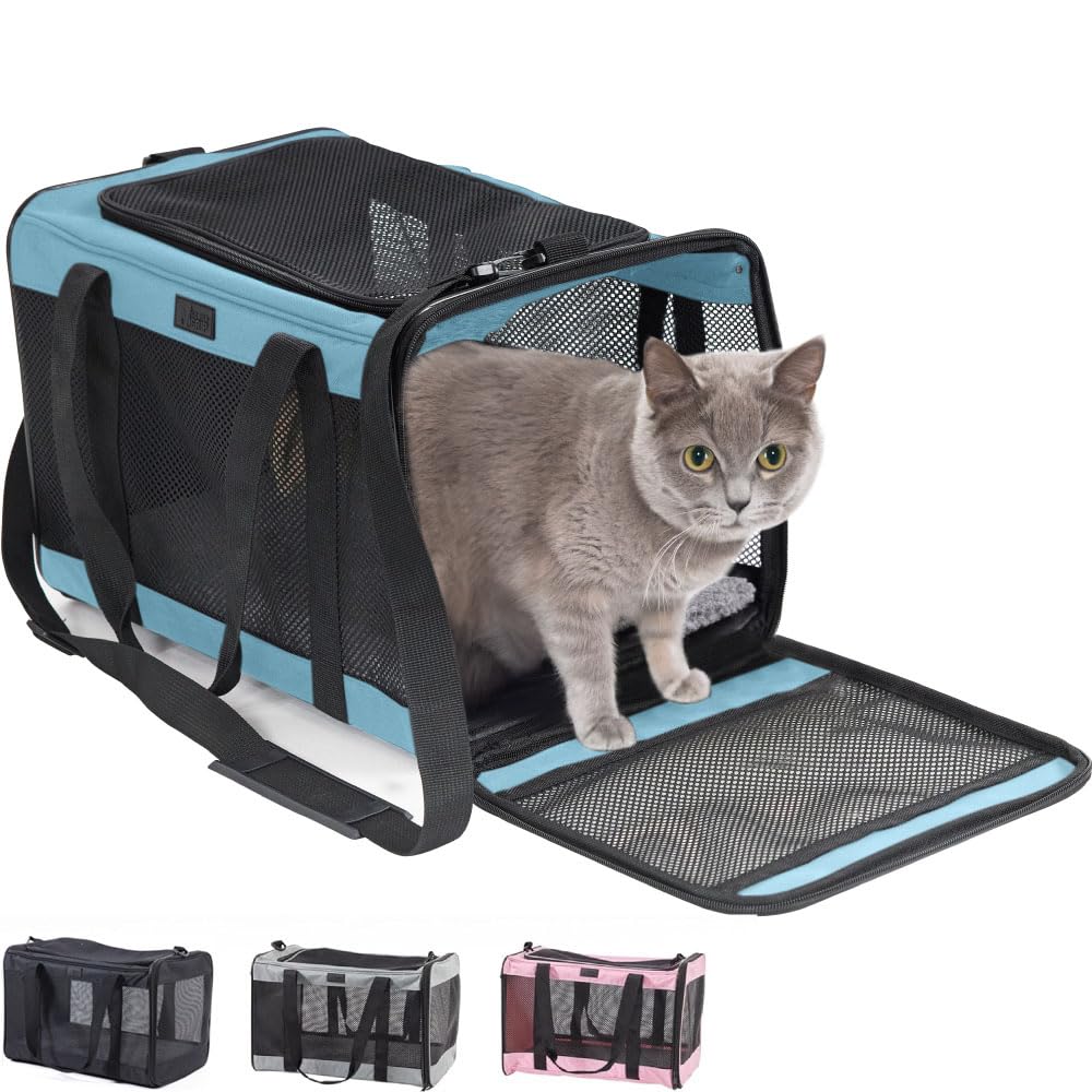 Gorilla Grip Airline Travel Cat Carrier Bag Up To 15 Lbs, Breathable Mesh Collapsible Pet Carriers For Small, Medium Cats, Small Dogs, Puppies, Portable Kennel With Soft Washable Waterproof Pad, Blue