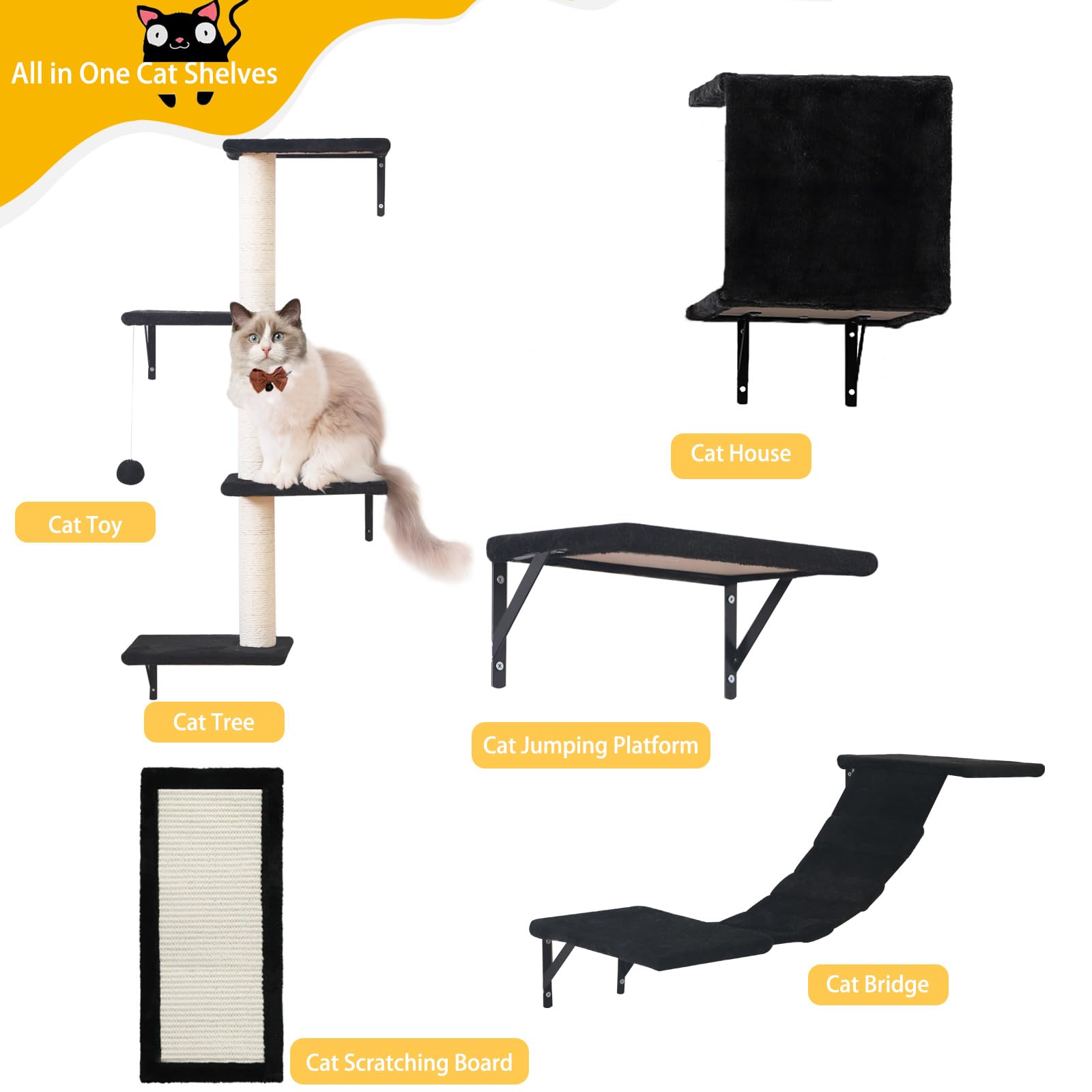 Modern Wall-Mounted Cat Furniture - 5Pcs Cat Wall Shelves, Wooden Climber Includes House, Bridge, Tree, Steps, And Scratcher (Bl