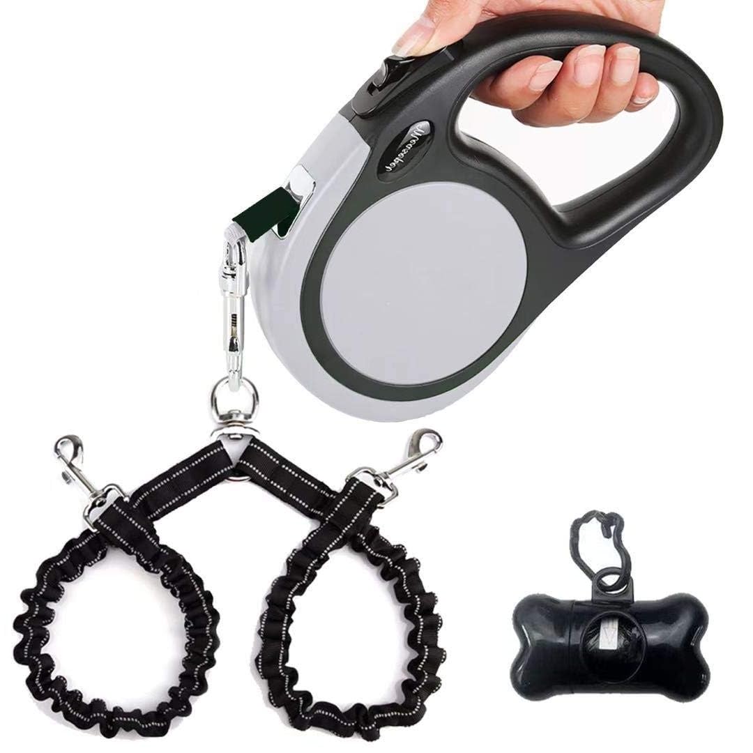 Dual Retractable Dog Leash for 2 Large Dogs (Up to 110 Lbs Each) - Double Headed 16 ft Extendable Pet Leash with Poop Bags, Non 