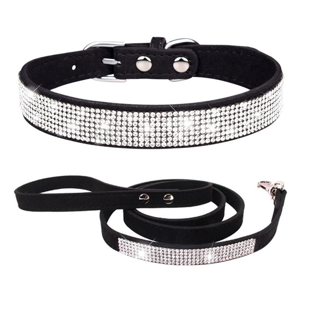 Small Dog Collar And Leash Set With Rhinestone Bow Knot Crystal Diamond Colorful Bling Girl Cat Collars Black M