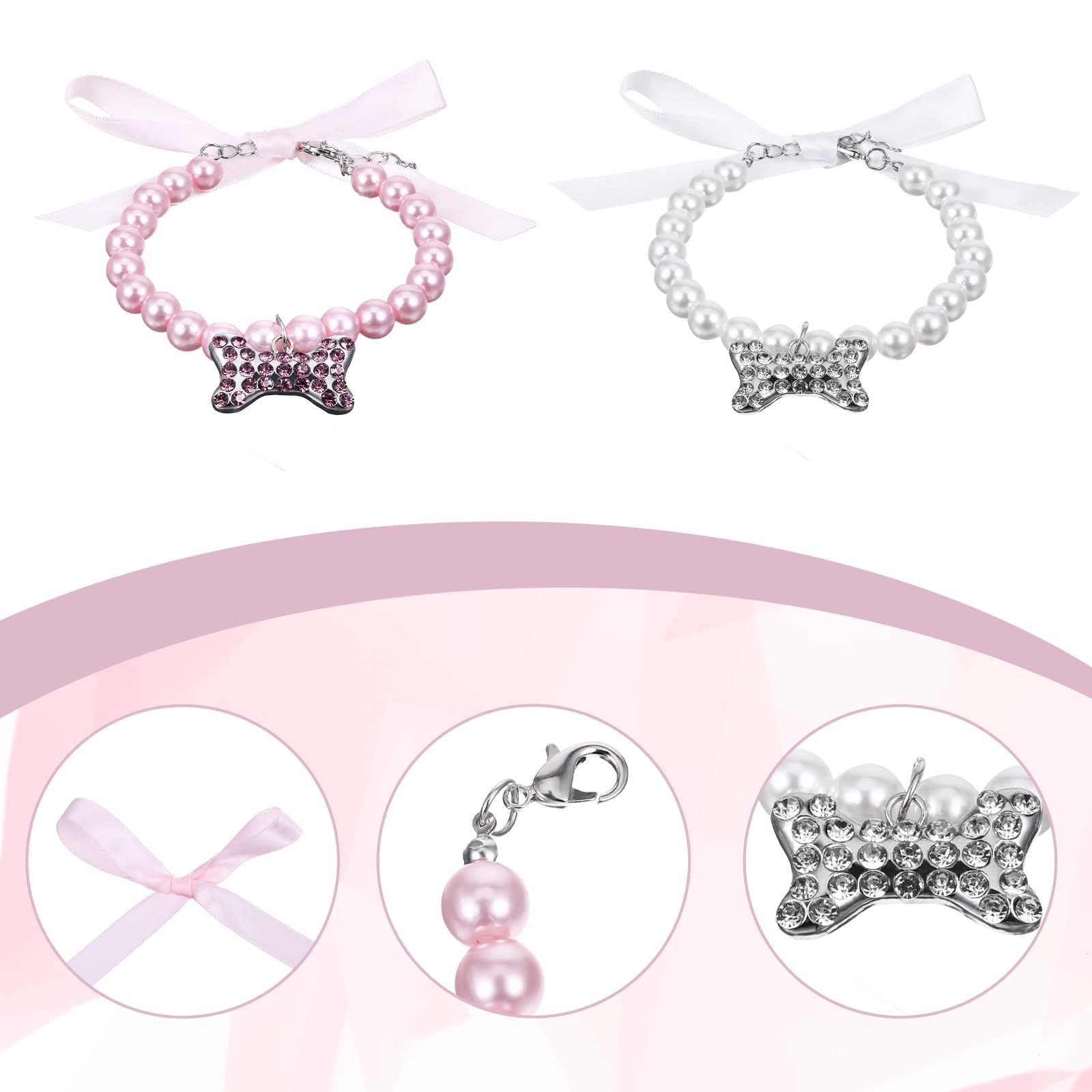 Dimeho 2 Pcs Dog Pearls Necklace Jewelry With Rhinestone Bone Puppy Cute Pet Collars Necklace Bling Fancy Cat Wedding Collar Jew