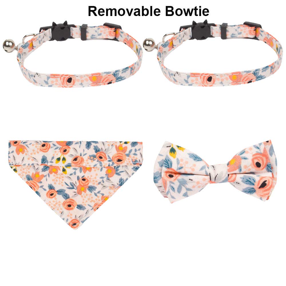 Adoggygo Breakaway Cat Collar With Bow Bandana, Kitten Collar With Removable Bowtie Bandana Cute Flower Pattern Cat Bowtie Banda