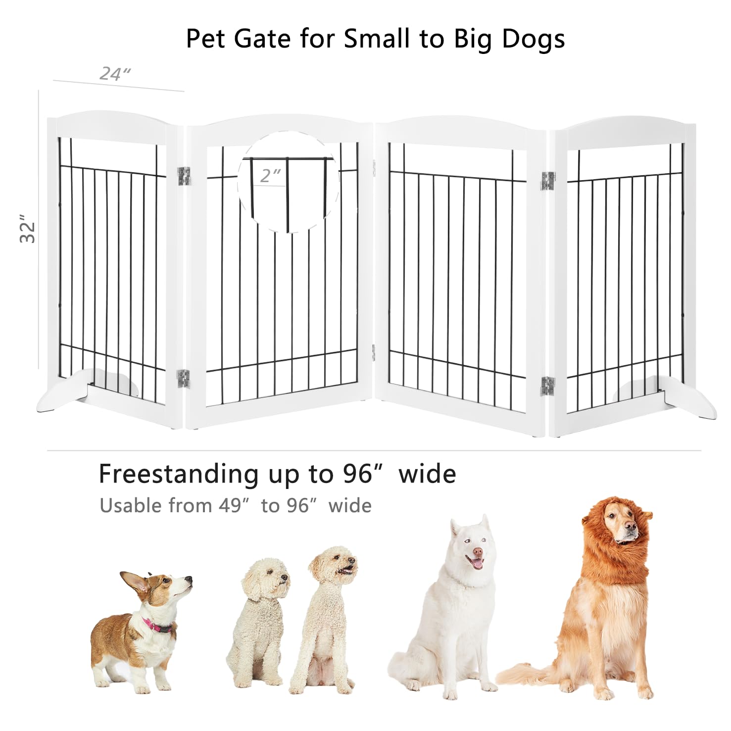 Pawland Extra Wide Dog Gate For The House, Doorway, Stairs, Dog Fences Indoor, Freestanding Foldable Wooden Pet Gates For Dogs, Set Of Support Feet Included, 96 In Wide 30 In Tall, 4 Panels White