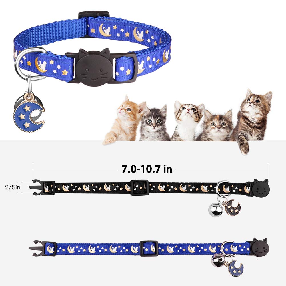 2Pcs Breakaway Cats Collars Cat Collars For Boy Cats Moons Adjustable Kitten Collars With Bell & Pendant Glow In The Dark,Black+