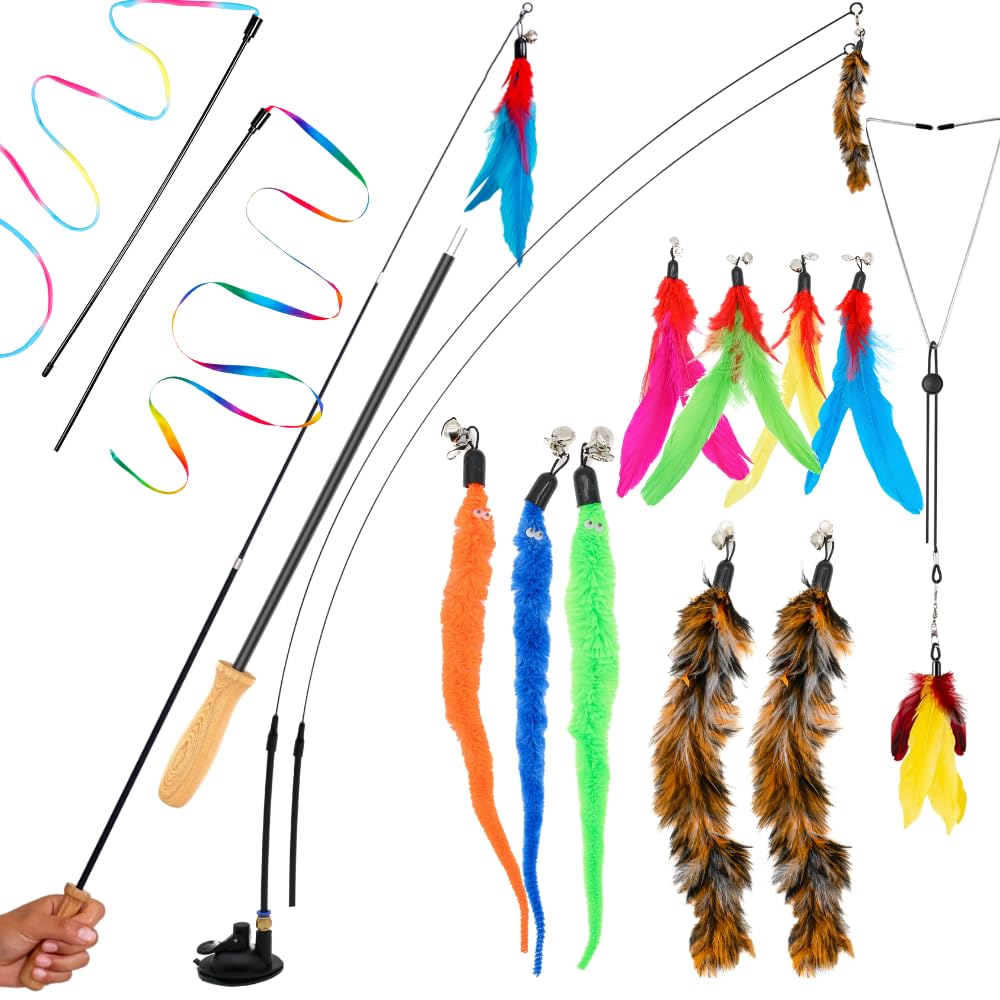 Gadgetsology Cat Toys Set Cat Fishing Pole Retractable Wand Suction Cup & Hanging Teaser Wand For Indoor Cats & Kittens Feather 