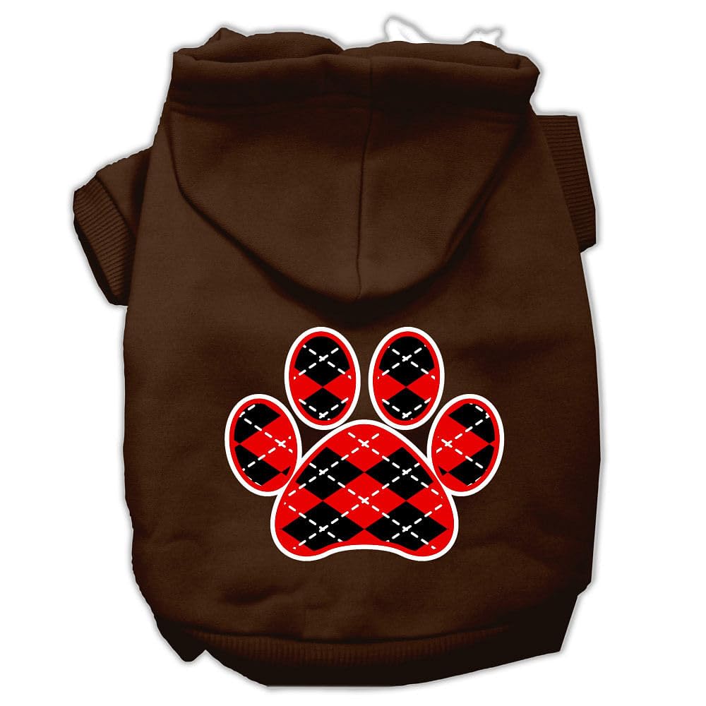 Pet Dog & Cat Hoodie Screen Printed, 'Red Argyle Paw' Brown 3Xl (25-35 Lbs.)