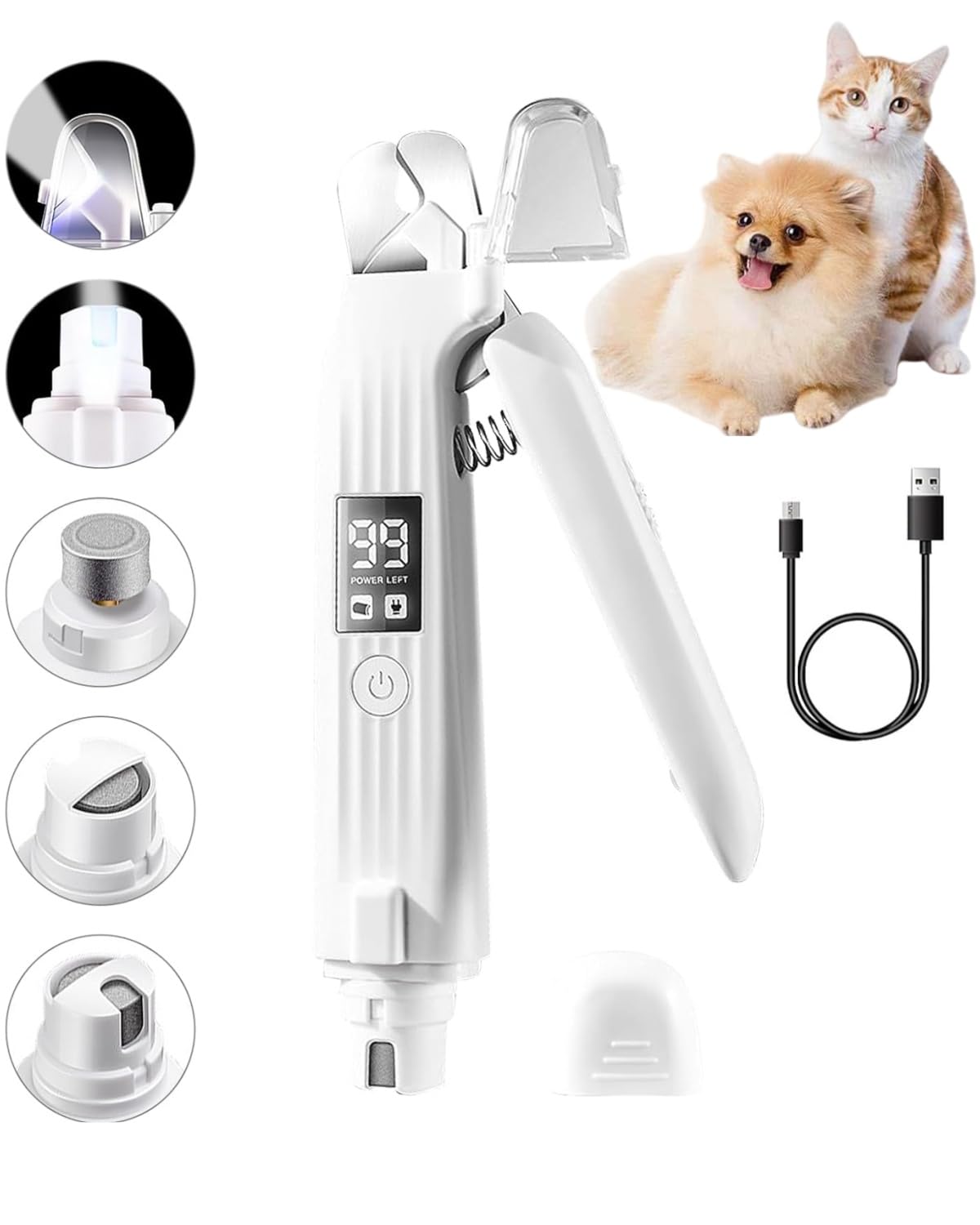 Dog & Cat Nail Clipper And Grinder 2 In 1,Rechargeable With Multiple Sanding Ports And Splash Guard. Led Light On Both Ends,Come