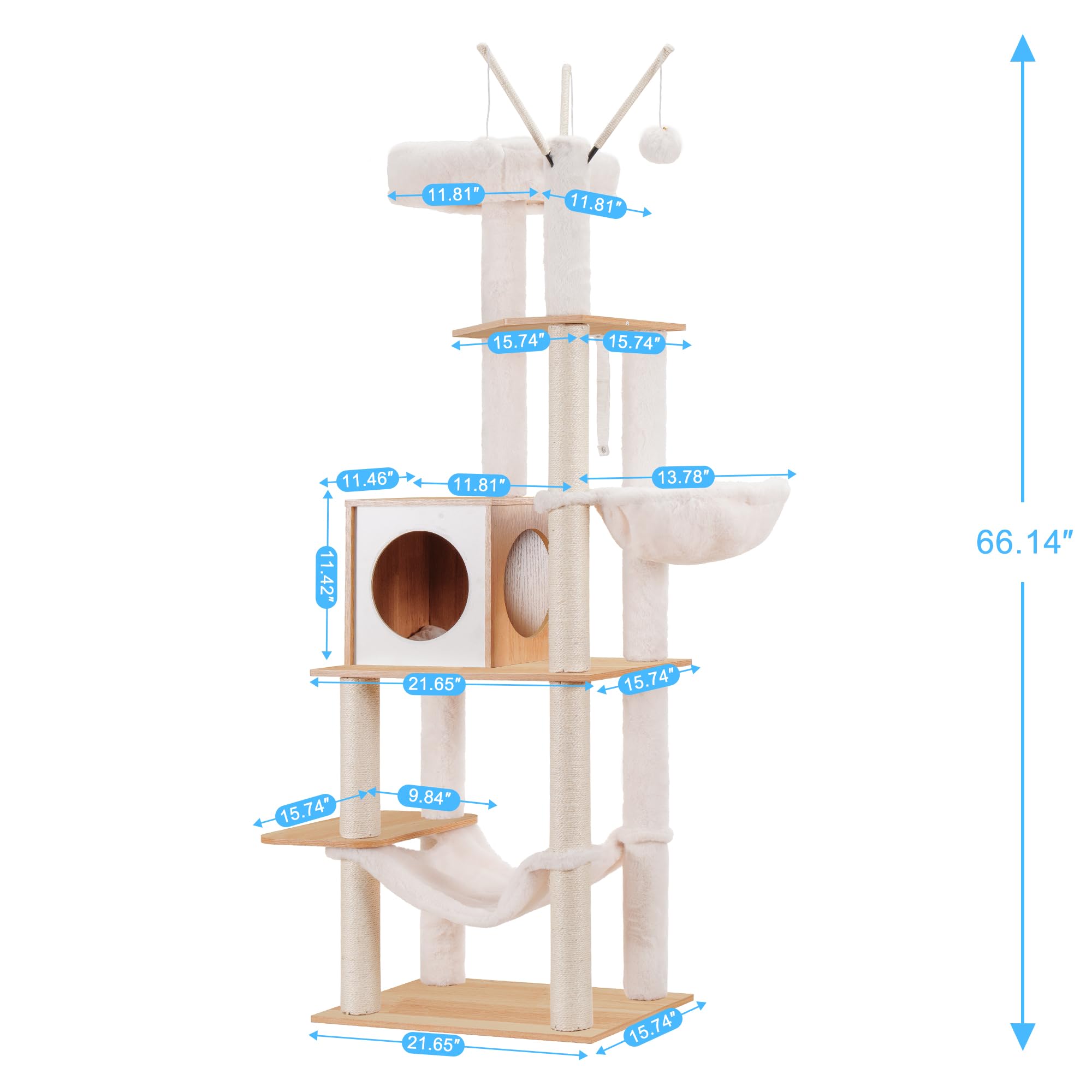 Hey-Brother Wooden Cat Tree, 66.1 Cat Furniture With Scratching Posts, Modern Cat Tower With Hammocks, Toys, Cat Condo, Walnut M