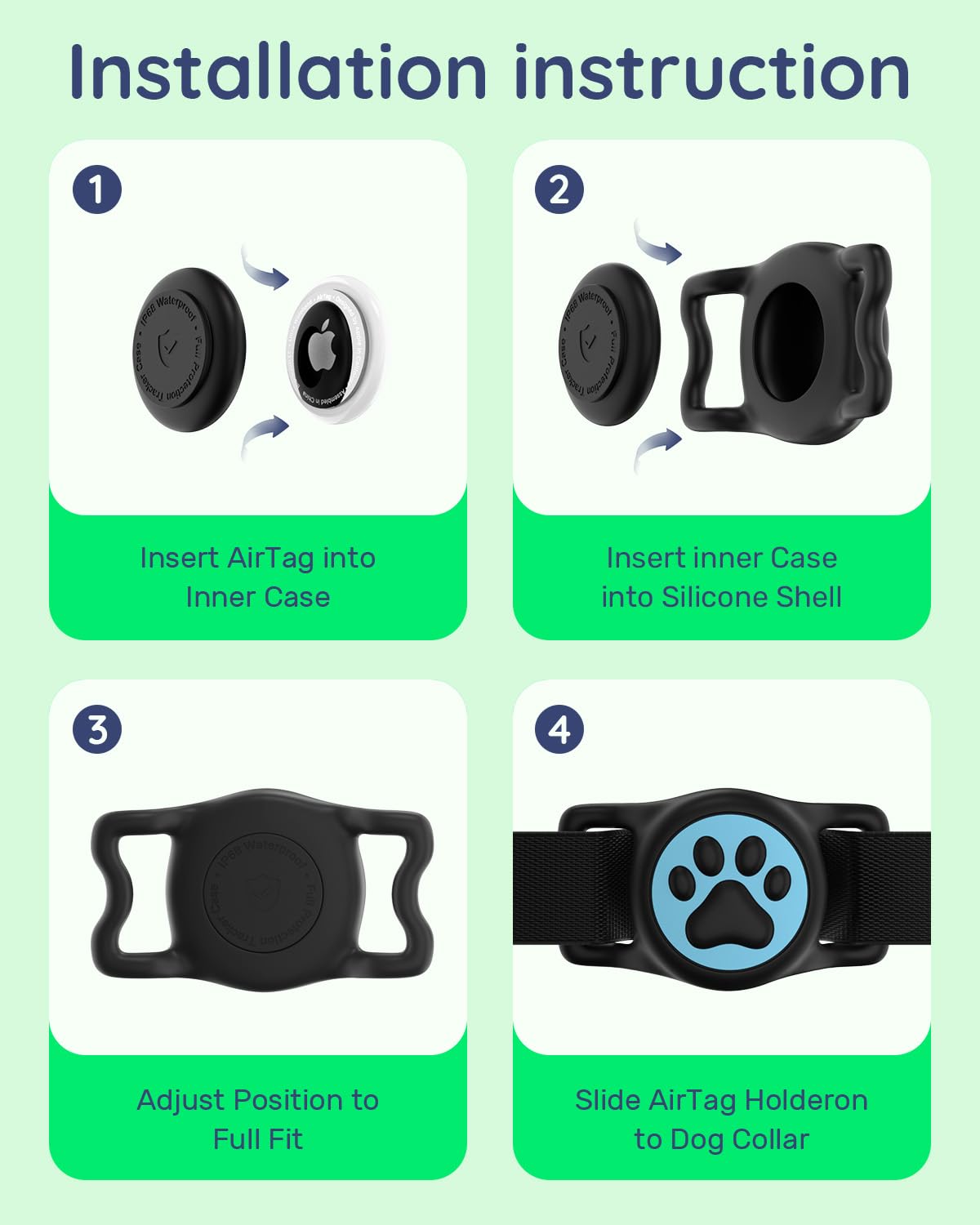 WhoseID IP68 Waterpoof Dog Tag Holder, Stretchy Silicone Full Body Covered tag Holder for Dog Cat Collar Fit All Width Collar (B
