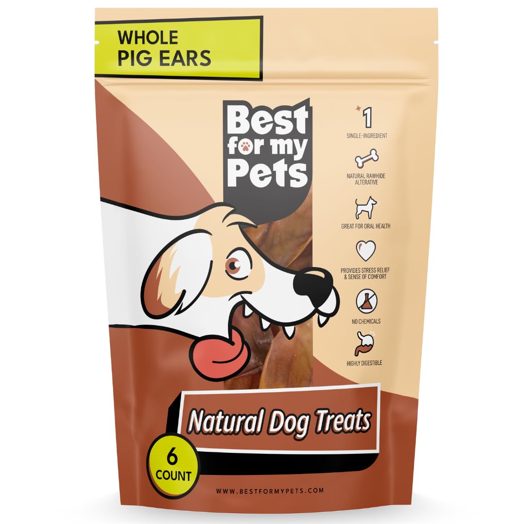 Best For My Pets Pig Ears for Dogs (Whole, 6 Pack), Healthy, Highly Digestible All Natural Pigs Ears Long-Lasting Dog Chews, Por