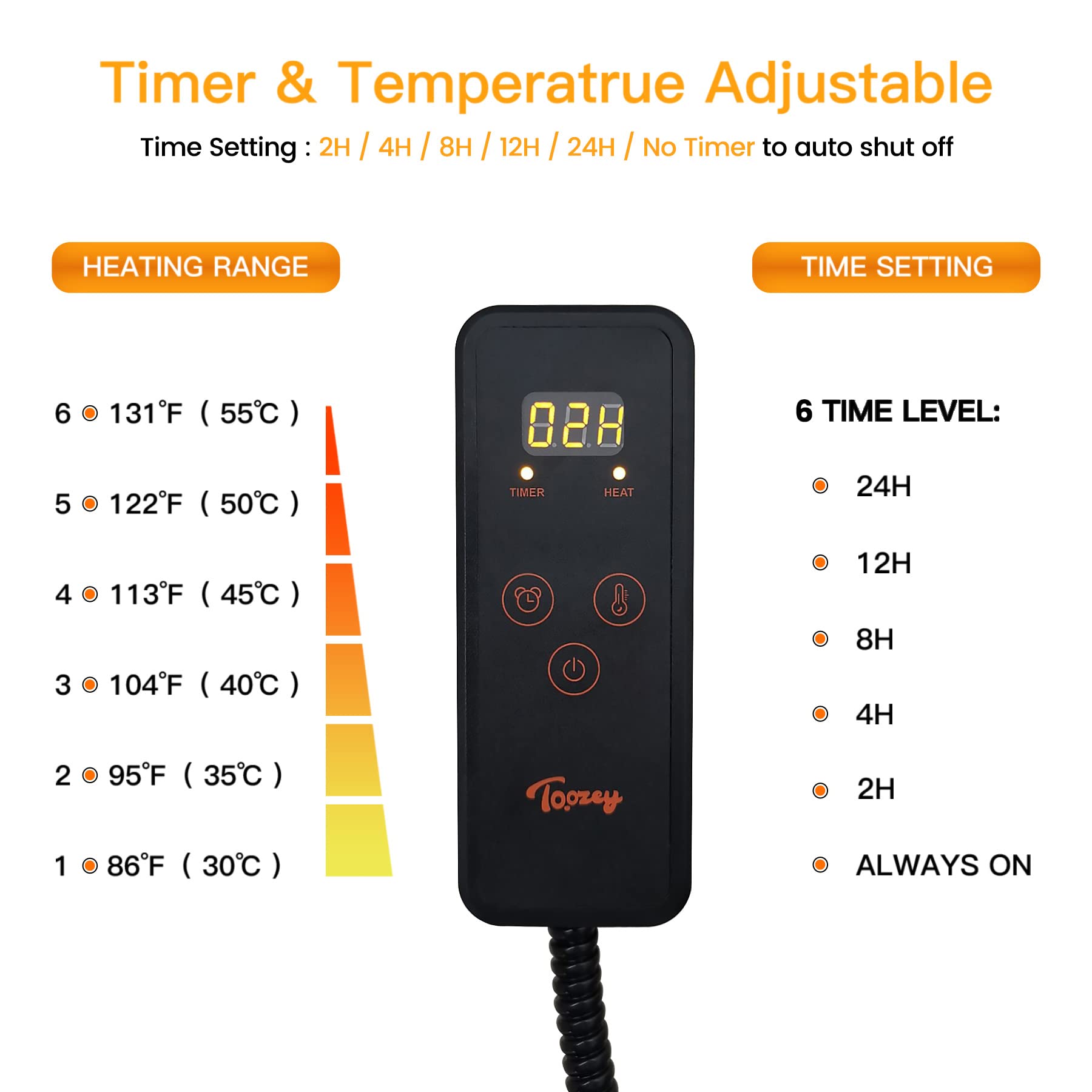 Toozey Large Pet Heating Pad, 6 Adjustable Temperature Dog Cat Heating Pad With Timer, Waterproof Heated Dog Bed With Chew Resistant Cord, Indoor Electric Pet Heated Mat 35X24In