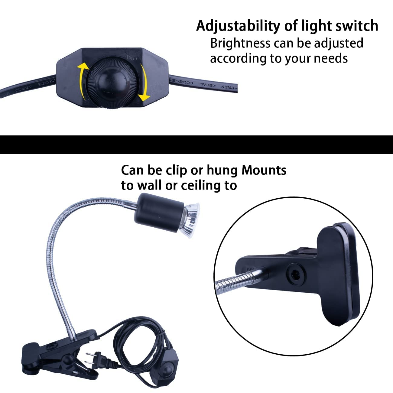 Reptile Heat Lamp, Uvb Bulb, Uvb Reptile Light Fixture, Uva Uvb Reptile Light, Aquatic Turtle Heating Lamp, Turtle Aquarium Tank Heating Lamps Holder & Switch With 4 Heat Bulbs-Black