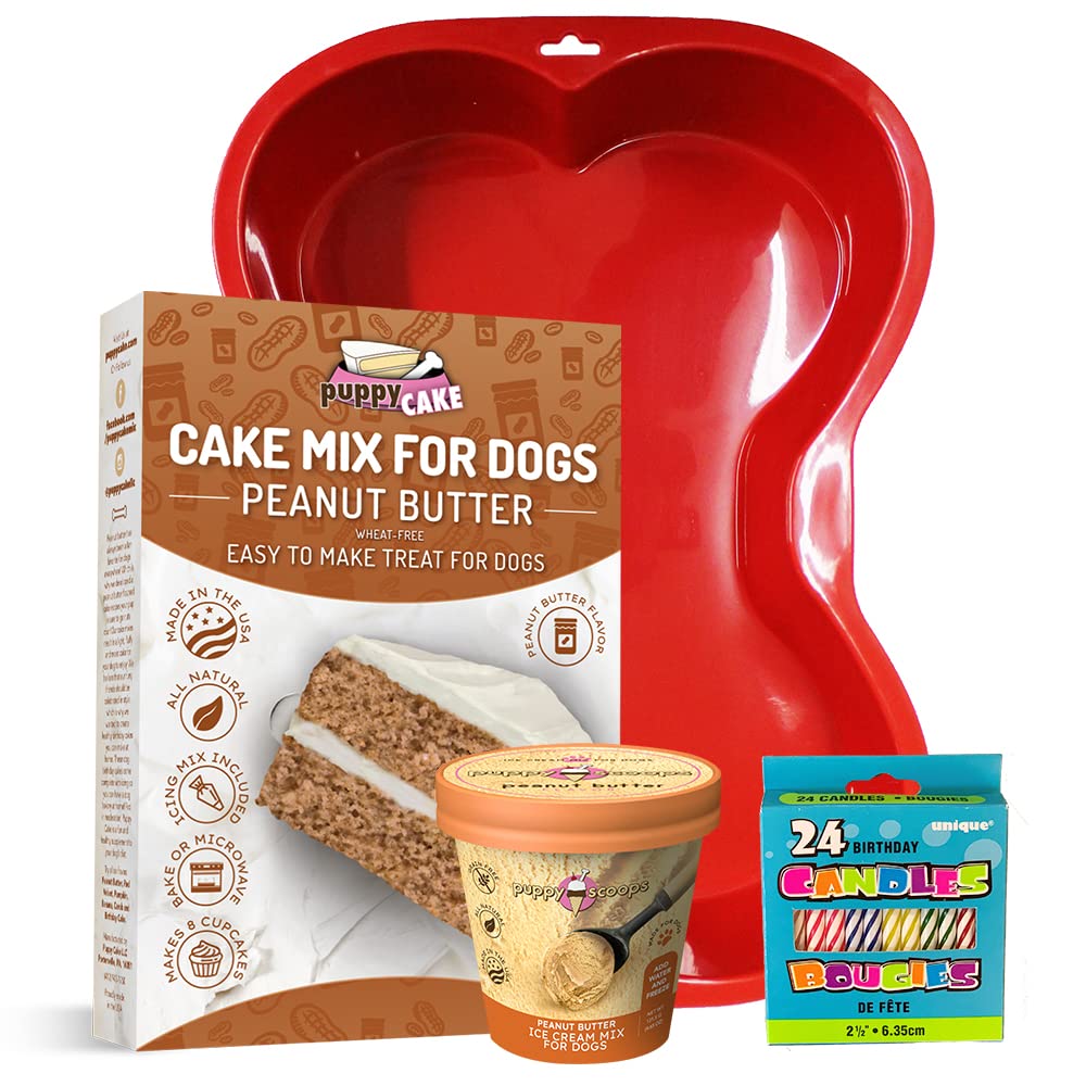Puppy Cake Cake and Ice Cream All Natural Fluffy & Moist Dog Birthday Cake Kit in with Peanut Butter, Your Choice of Ice Cream M