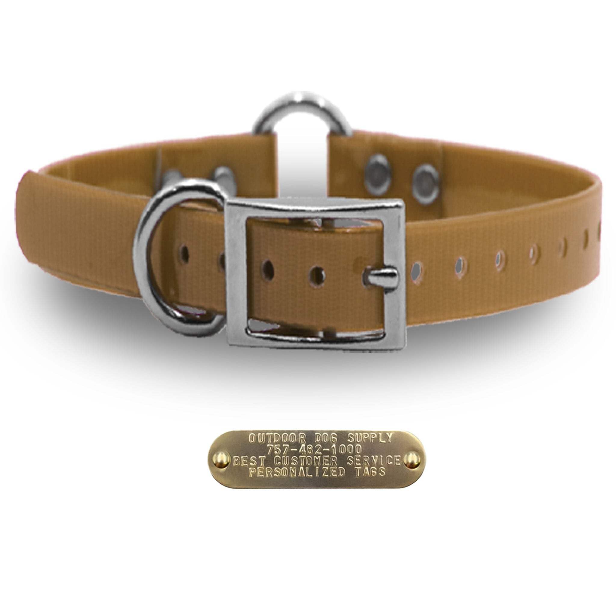 Outdoor Dog Supply'S 1' Wide Solid Ring In Center Dog Collar Strap With Custom Brass Name Plate (18' Long, Tan)