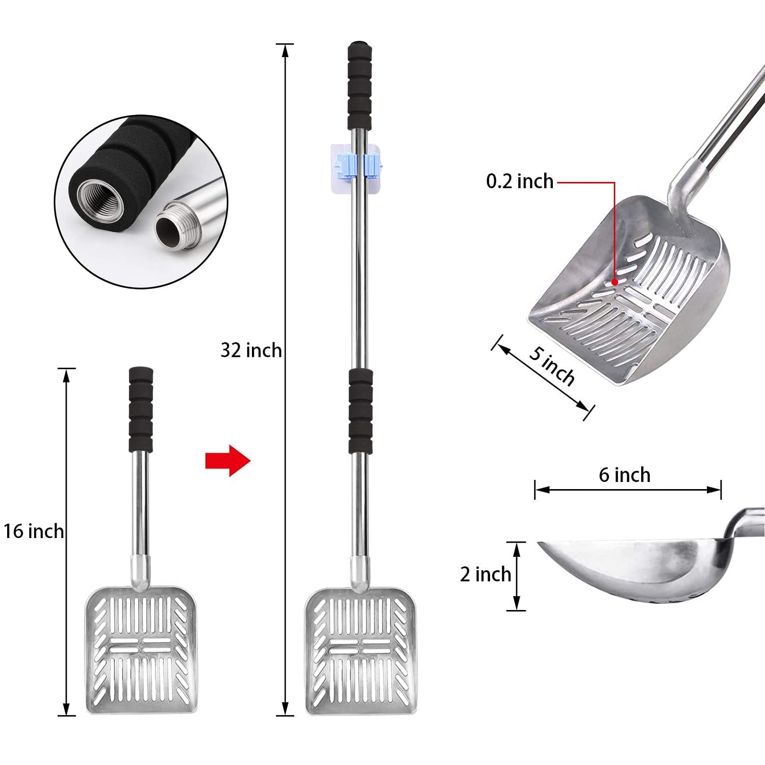 Cat Litter Scoop, Metal Long Handle Litter Scooper With Holder, Stainless Steel Detachable Litter Scoop With Foam Pad Grip, No B