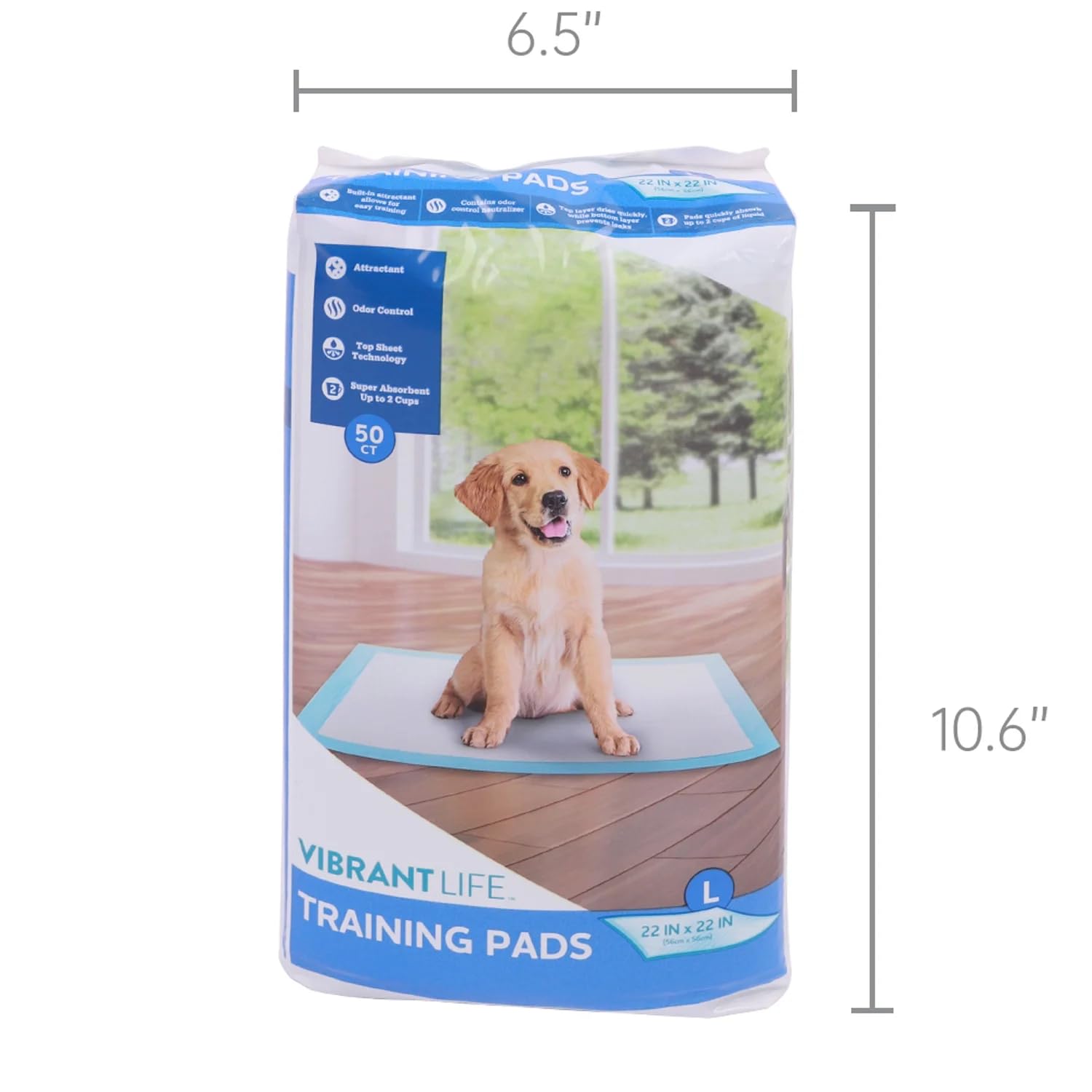 Vibrant Life Large Dog & Puppy Training Pads, 22 in x 22 in, Absorbent, Leak-Proof, Disposable, Odor Control, Built-in Attractan