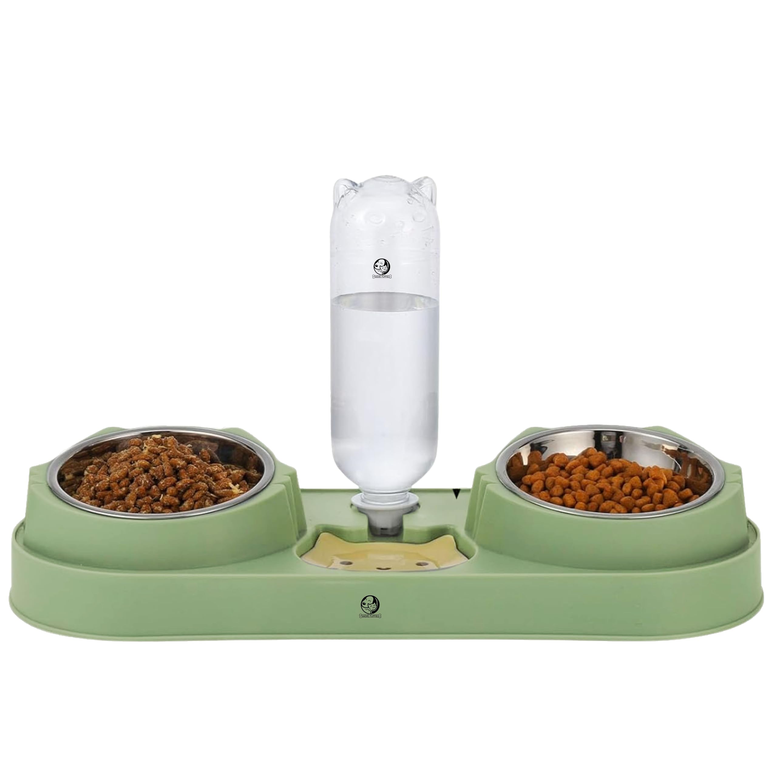 Foodie Puppies 3-In-1 Cat Bowl Bottle Set - (Triple Feeder) With 15 Tilted Stainless Steel Raised Bowls, Water Dispenser Bottle,
