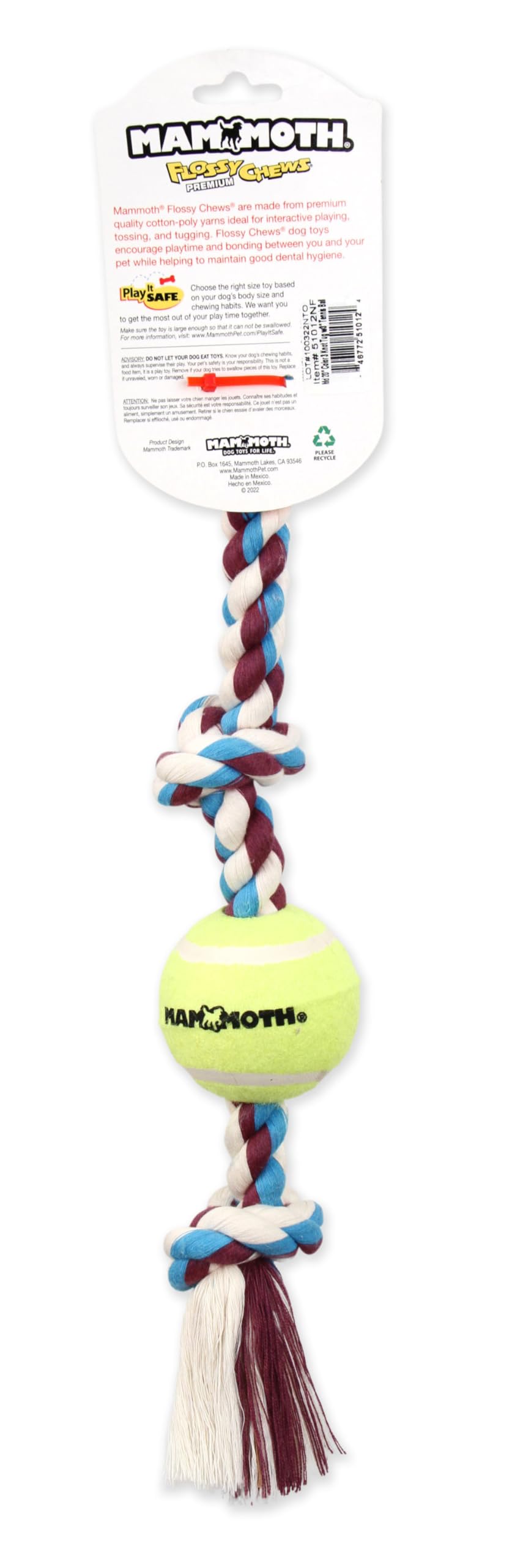 Mammoth Flossy Chews Color 3 Knot Tug W/Standard Tennis Ball – Premium Cotton-Poly Tug Toy For Dogs – Interactive– Rope Dog Toy For Medium Dogs - 20”
