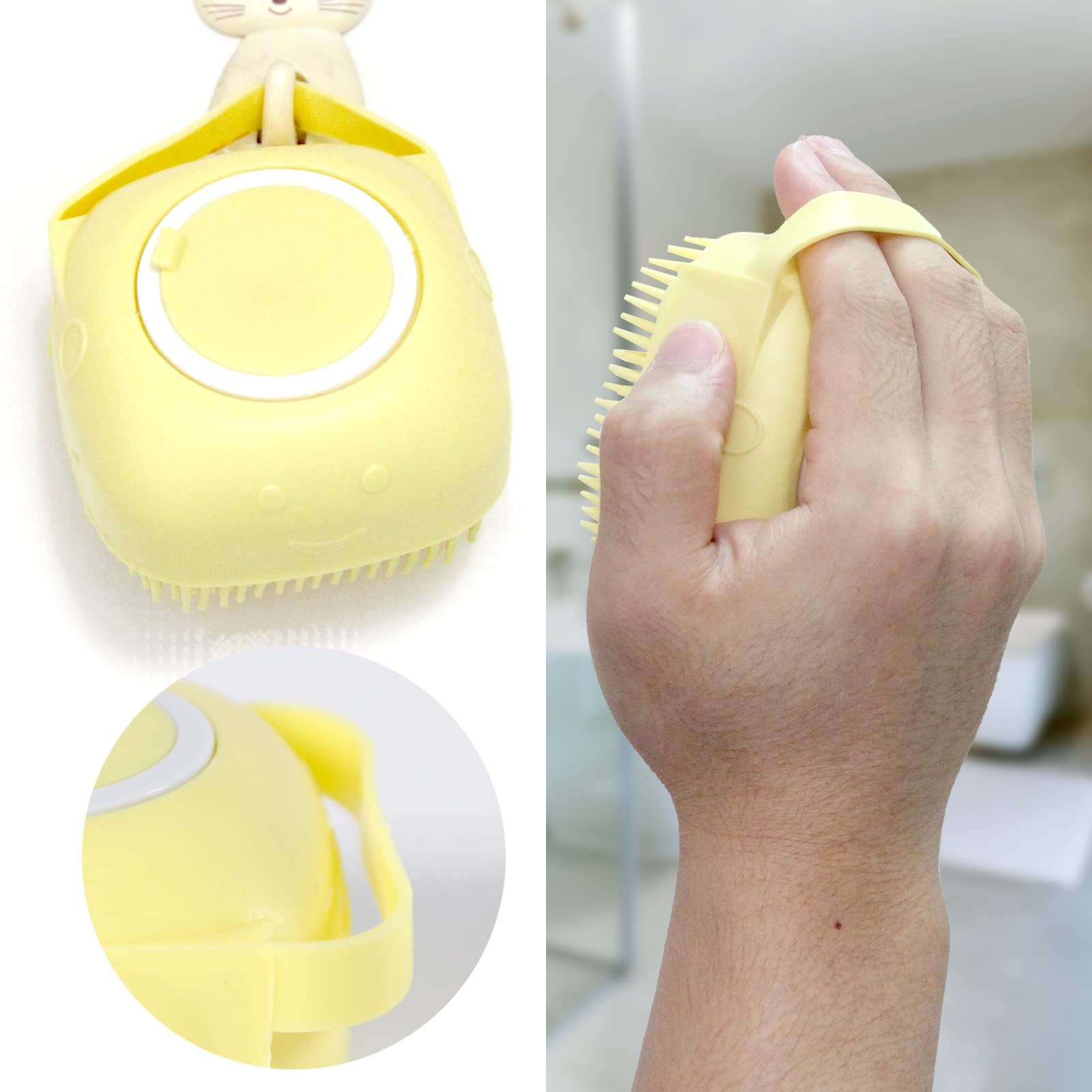 Woleigiao Dog Bath Brush, Pet Massage Brush Shampoo Dispenser, Soft Silicone Brush Rubber Bristle For Dogs And Cats Shower Grooming (Yellow)
