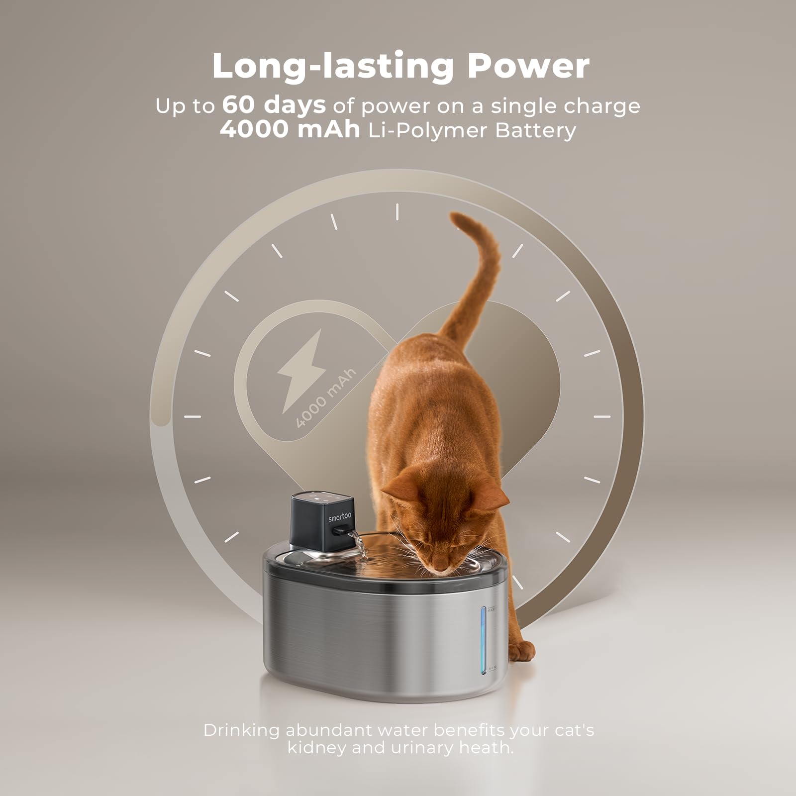 Smartoo Wireless Cat Water Fountain Stainless Steel, 152Oz/4.5L Cat Fountain Battery Operated, Cordless Pet Water Fountain For C