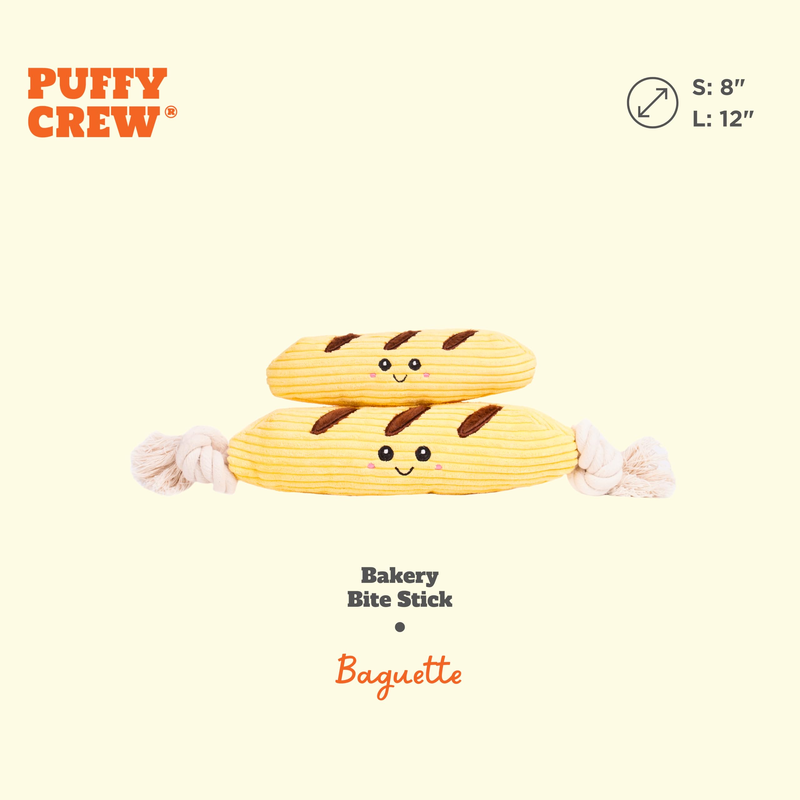 Puffy Crew Squeaky Dog Plush Toy, Bakery Bite_Stick Collection, 12'', For Various Sized Dogs (Baguette, Large)