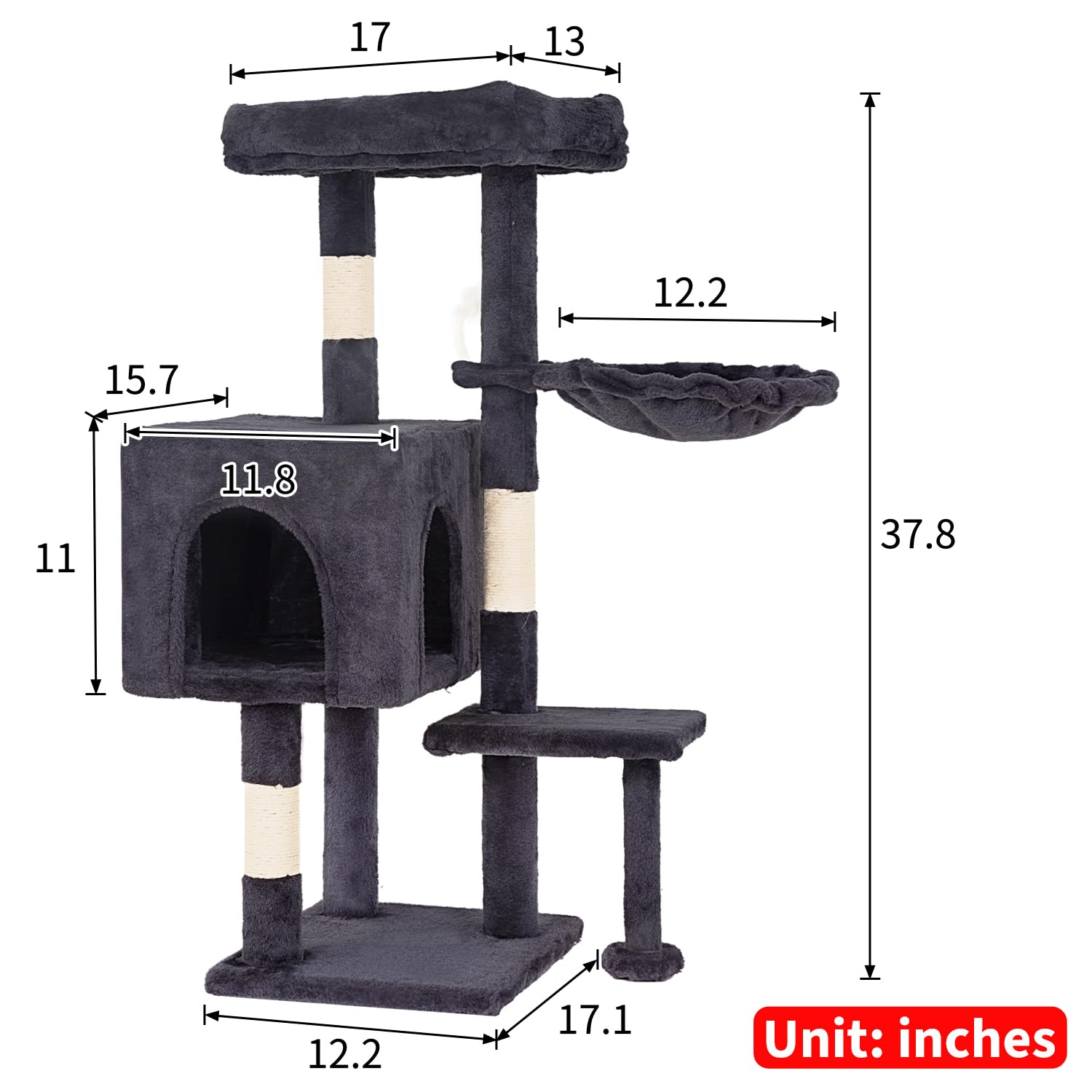 FDW | 37.8 Cat Tree Tower | Dark Gray | Multi-Level Indoor Activity Center with Sisal Scratching Posts, Condos, Plush Perches, H