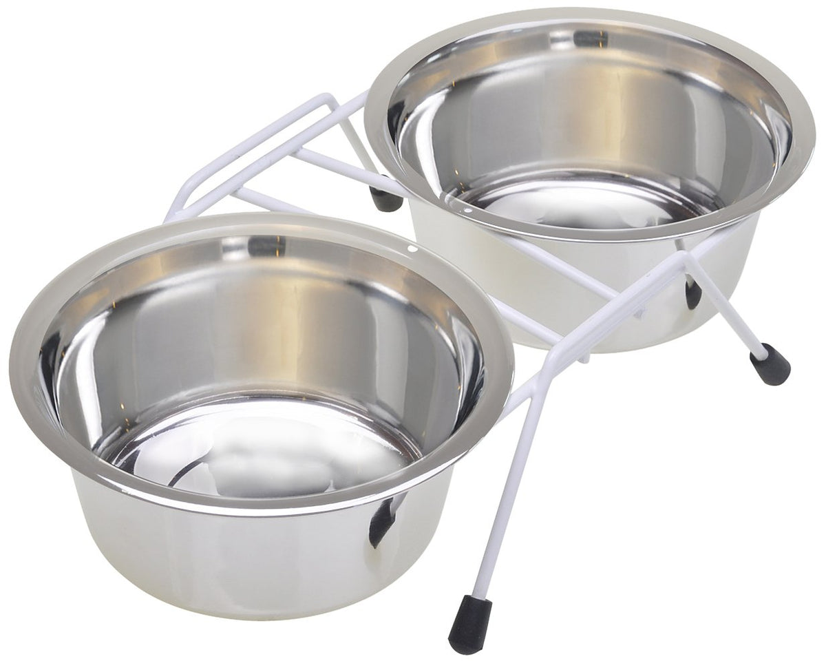 Van Ness Pets Raised Double Dish Dog Feeder With Wire Rack And (2) 16 Oz Food And Water Bowls