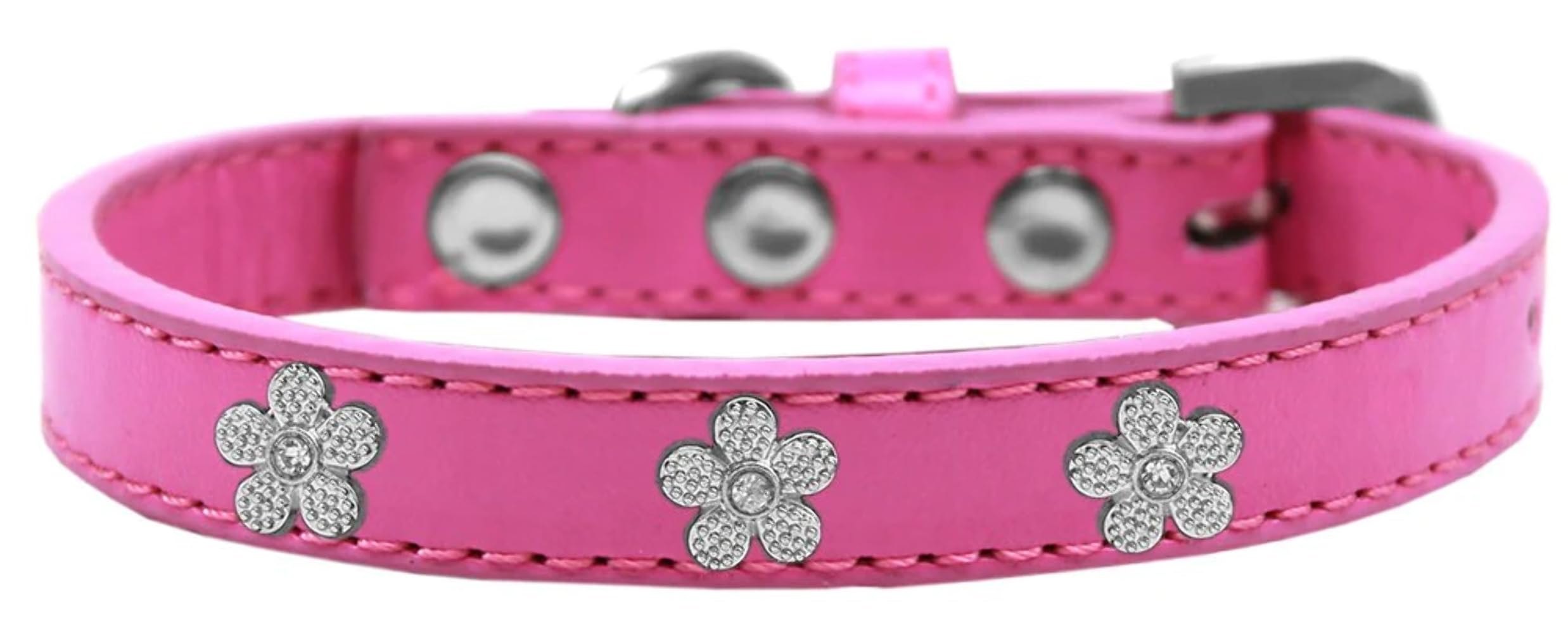 Dog, Puppy & Pet Widget Fashion Collar, Silver Flower Bright Pink 14
