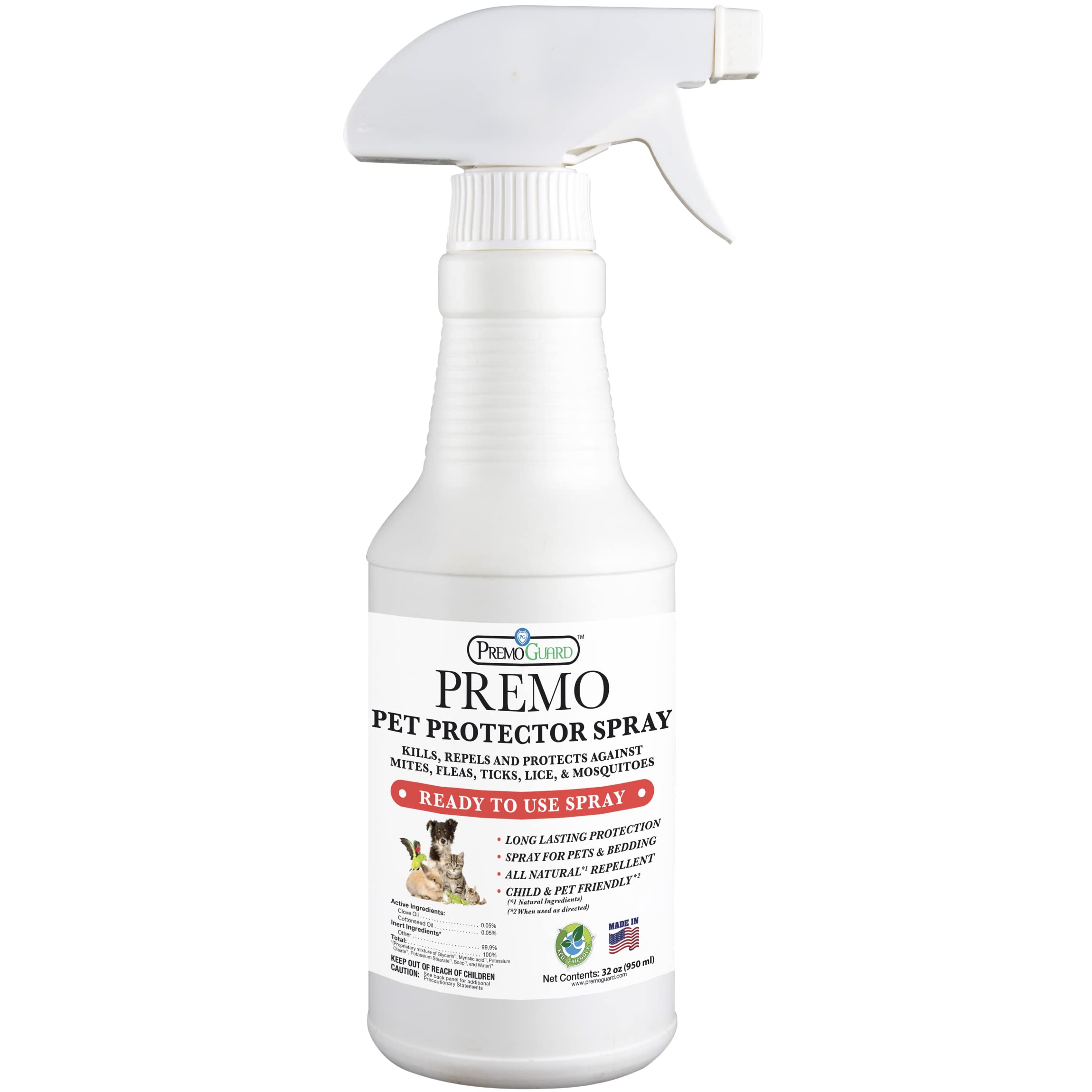 Premo Guard Pet Protector Spray - 32 oz - Kills Mites, Fleas, Ticks, & Mosquitoes - for Dogs, Cats, & Home - Natural Plant Based