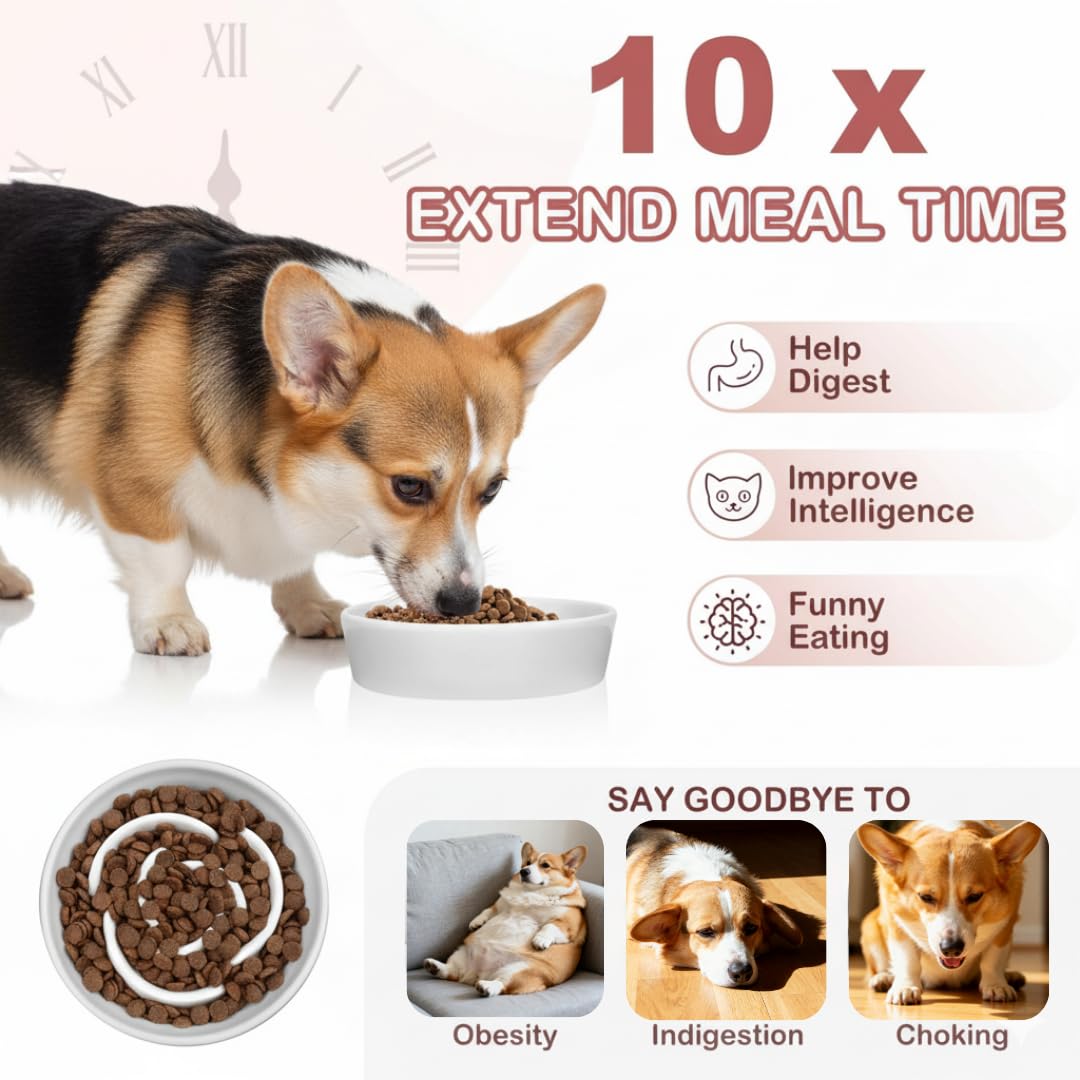TRUVIC Ceramic Slow Feeder Dog Bowls, 1.5 Cup Puzzle Slow Feeder Bowls for Fast Eaters, Ceramic Dog Food Dish no Black Chin, Puz
