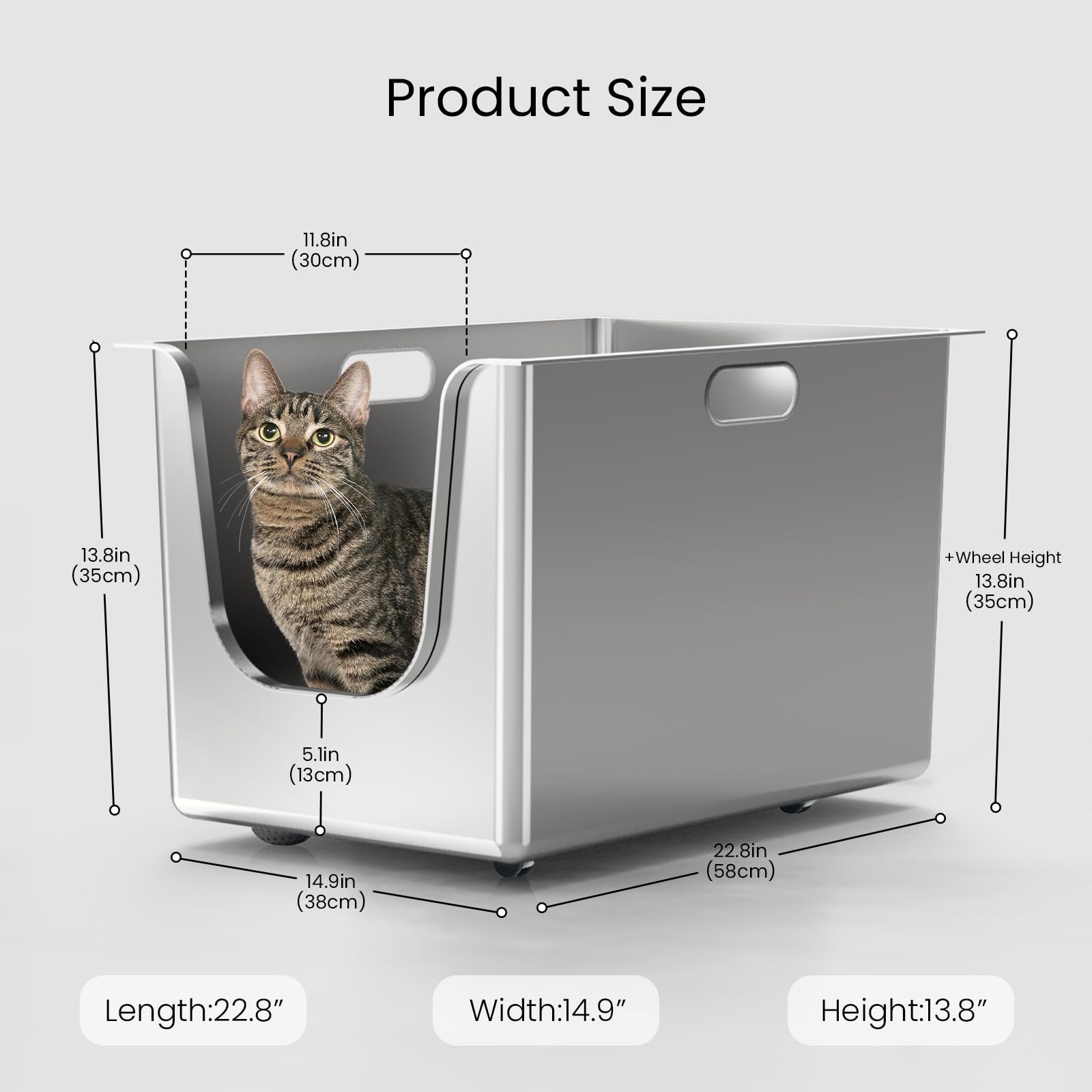 Stainless Steel Litter Box 13.8'' High Sides, Xl Metal Cat Litter Box With 4.7'' Curved Low Entry, Cat Litter Pan For Big & Mult