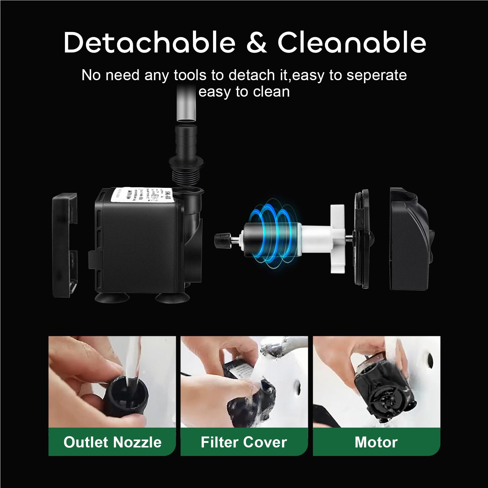 GROWNEER 550GPH Submersible Pump, 30W Ultra Quiet, 7.2ft Lift, 3 Nozzles, for Aquarium, Fish Tank, Pond - Black