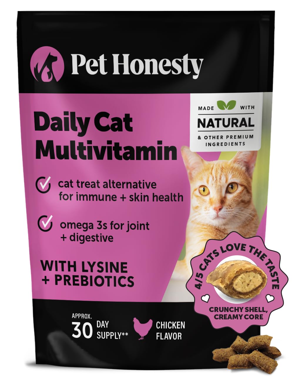 Pet Honesty Cat Multivitamin Chews - Cat Treats for Health + Immune, Cat Joint Support, Skin & Coat, and Digestion | Omega 3s, L