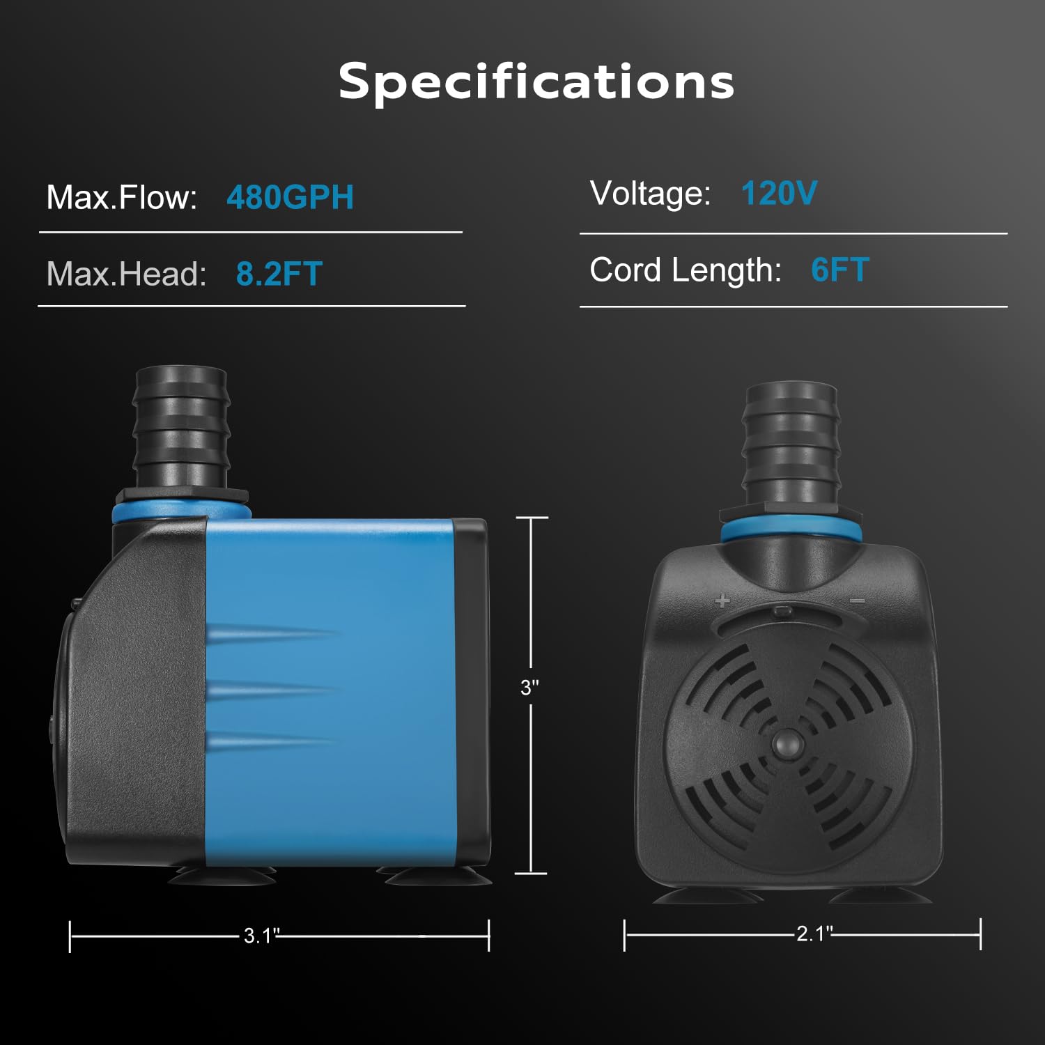 TONGCHANT 480GPH Adjustable Flow Fountain Pump with 3 Nozzles (1/2, 5/8, 3/4), 10ft High Lift, 35W Ultra-Quiet Submersible Pump